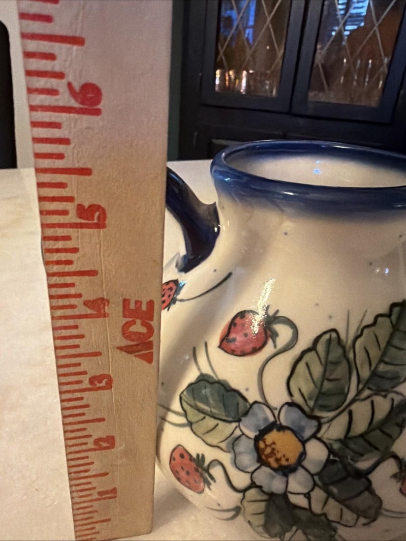 1990s W.R. Ceramika Unikat "Strawberies and Blossoms" Polish Pottery Pitcher - Signed - 8