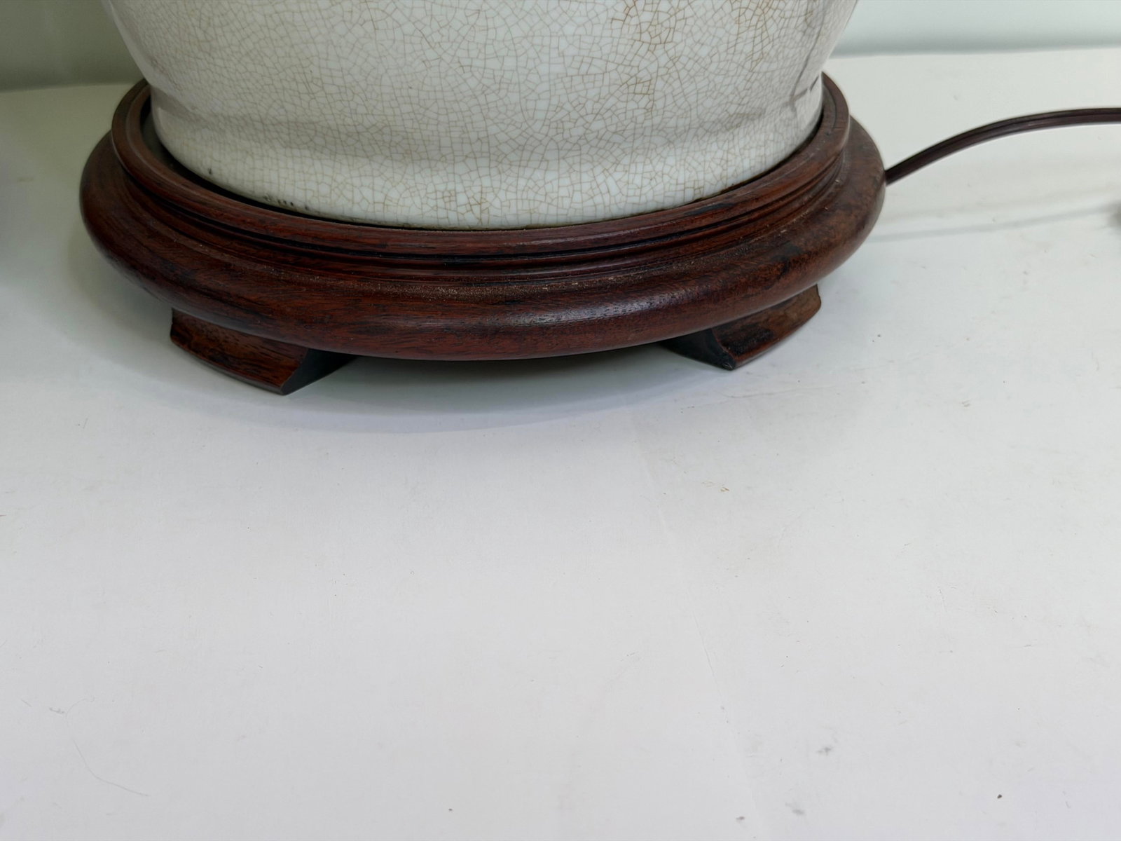 Vintage Large Chinese Blanc De Chine Crackle Glazed Porcelain Foo Dog Handle Table Lamps on Hardwood - 10