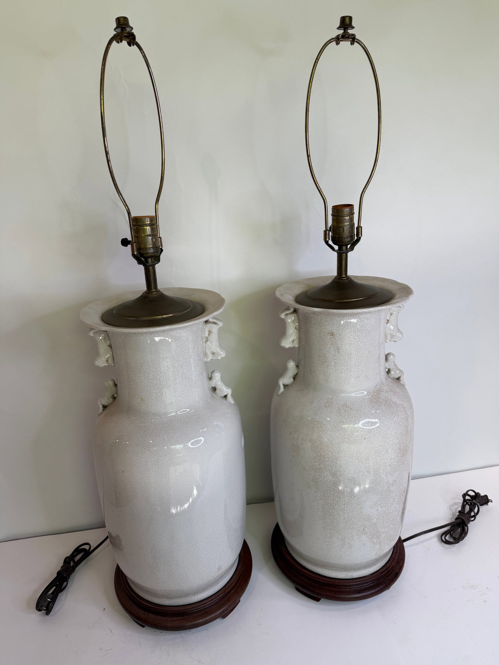 Vintage Large Chinese Blanc De Chine Crackle Glazed Porcelain Foo Dog Handle Table Lamps on Hardwood - 2