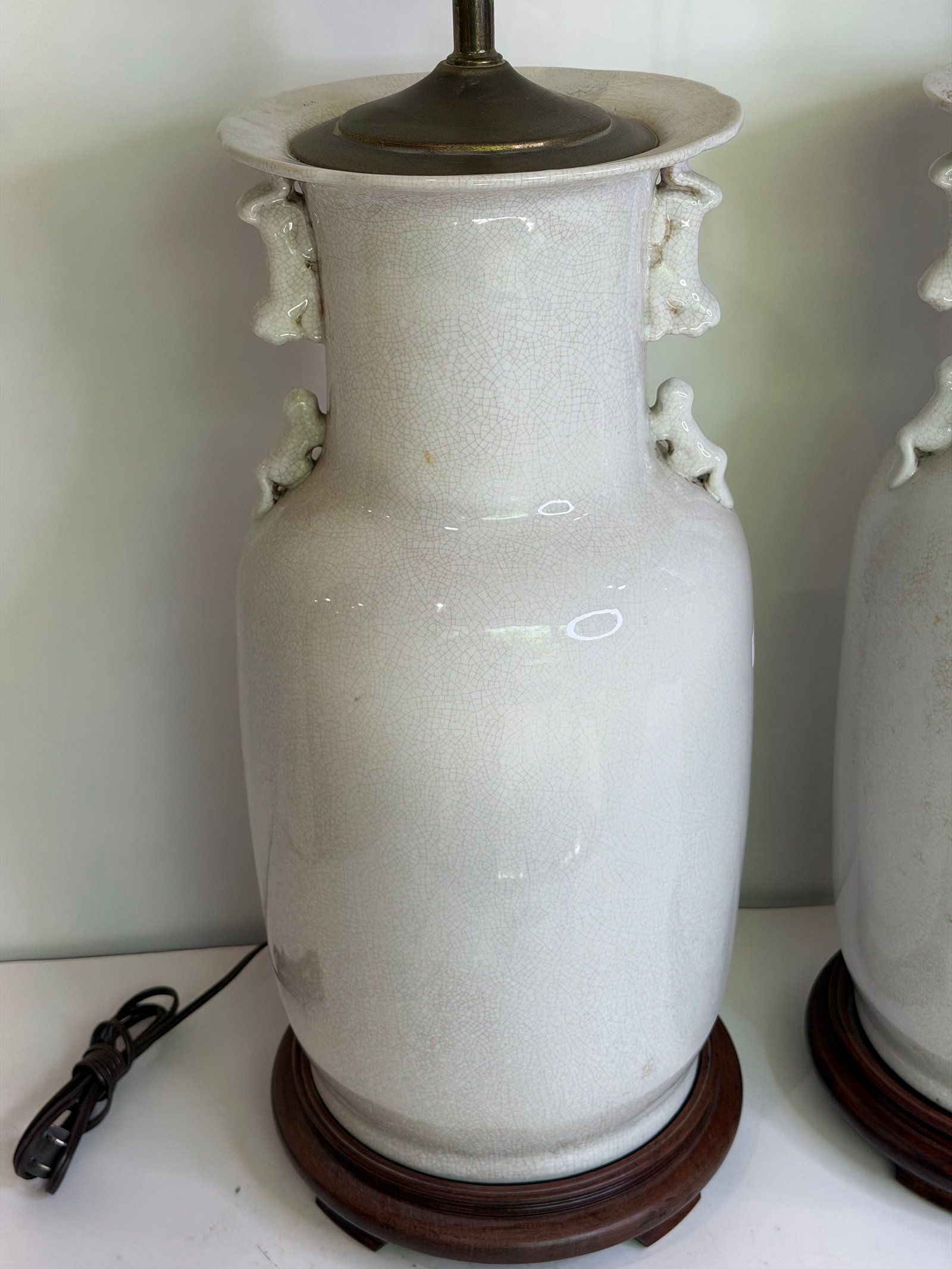 Vintage Large Chinese Blanc De Chine Crackle Glazed Porcelain Foo Dog Handle Table Lamps on Hardwood - 3