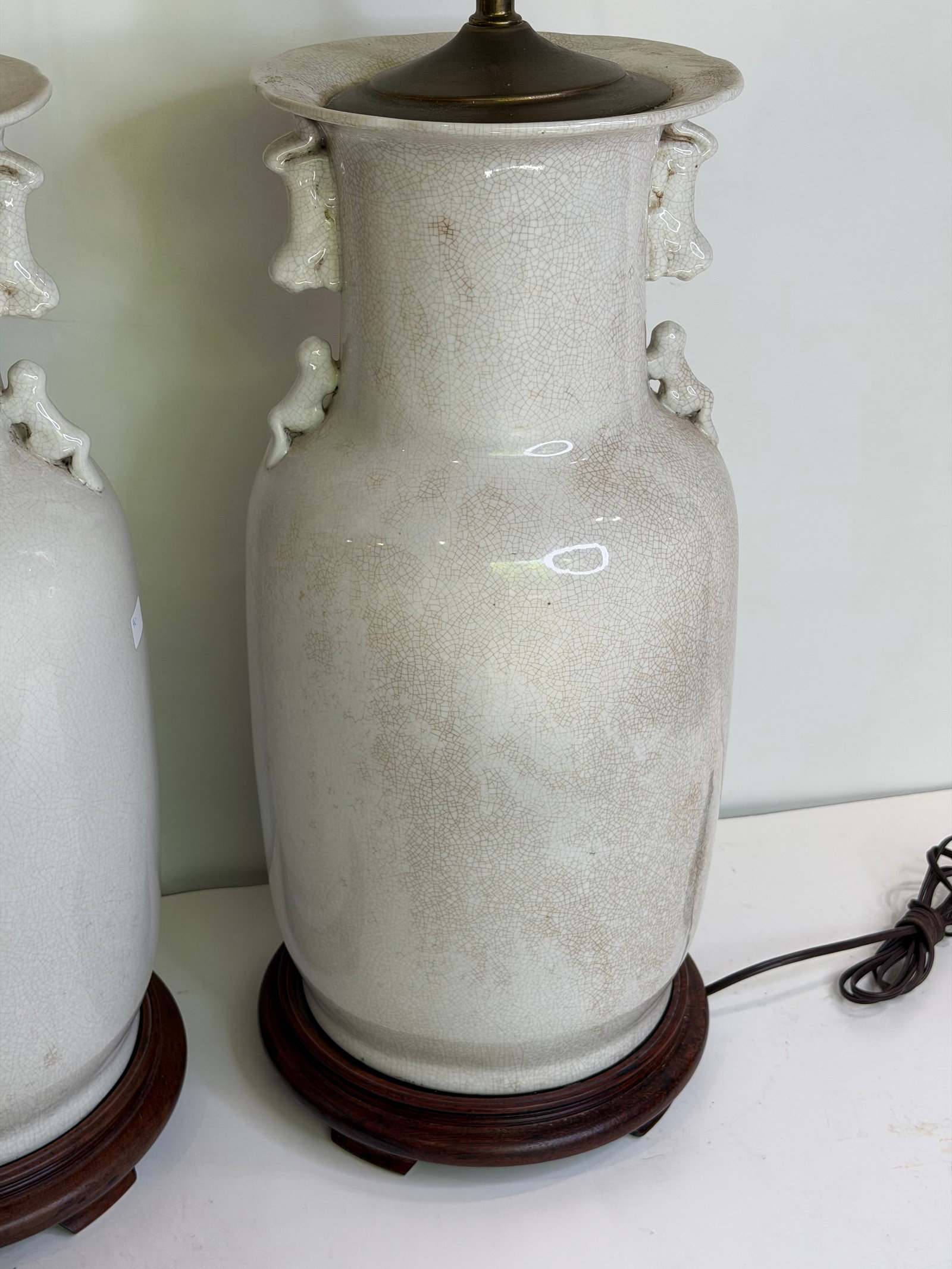 Vintage Large Chinese Blanc De Chine Crackle Glazed Porcelain Foo Dog Handle Table Lamps on Hardwood - 4