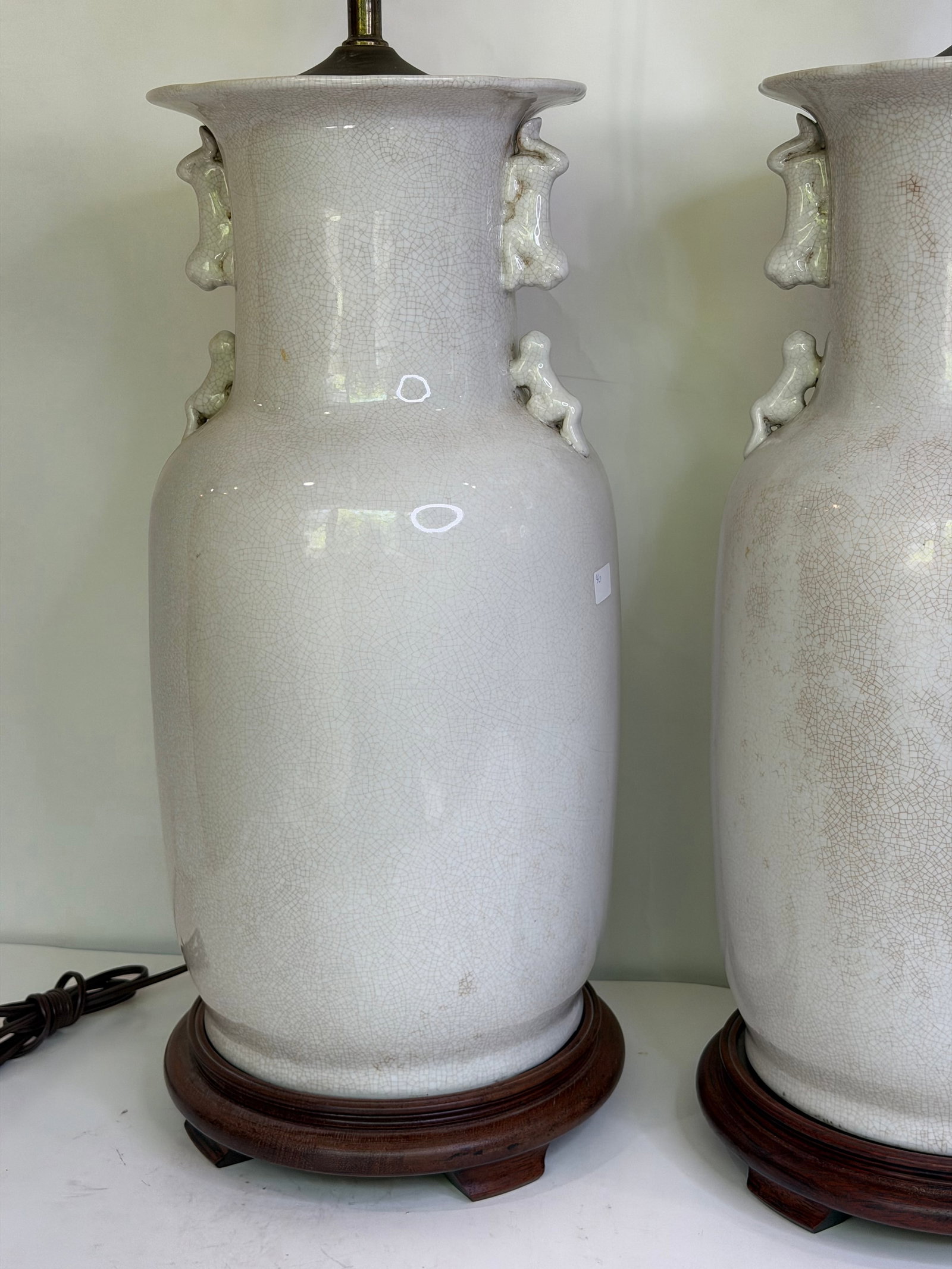 Vintage Large Chinese Blanc De Chine Crackle Glazed Porcelain Foo Dog Handle Table Lamps on Hardwood - 5