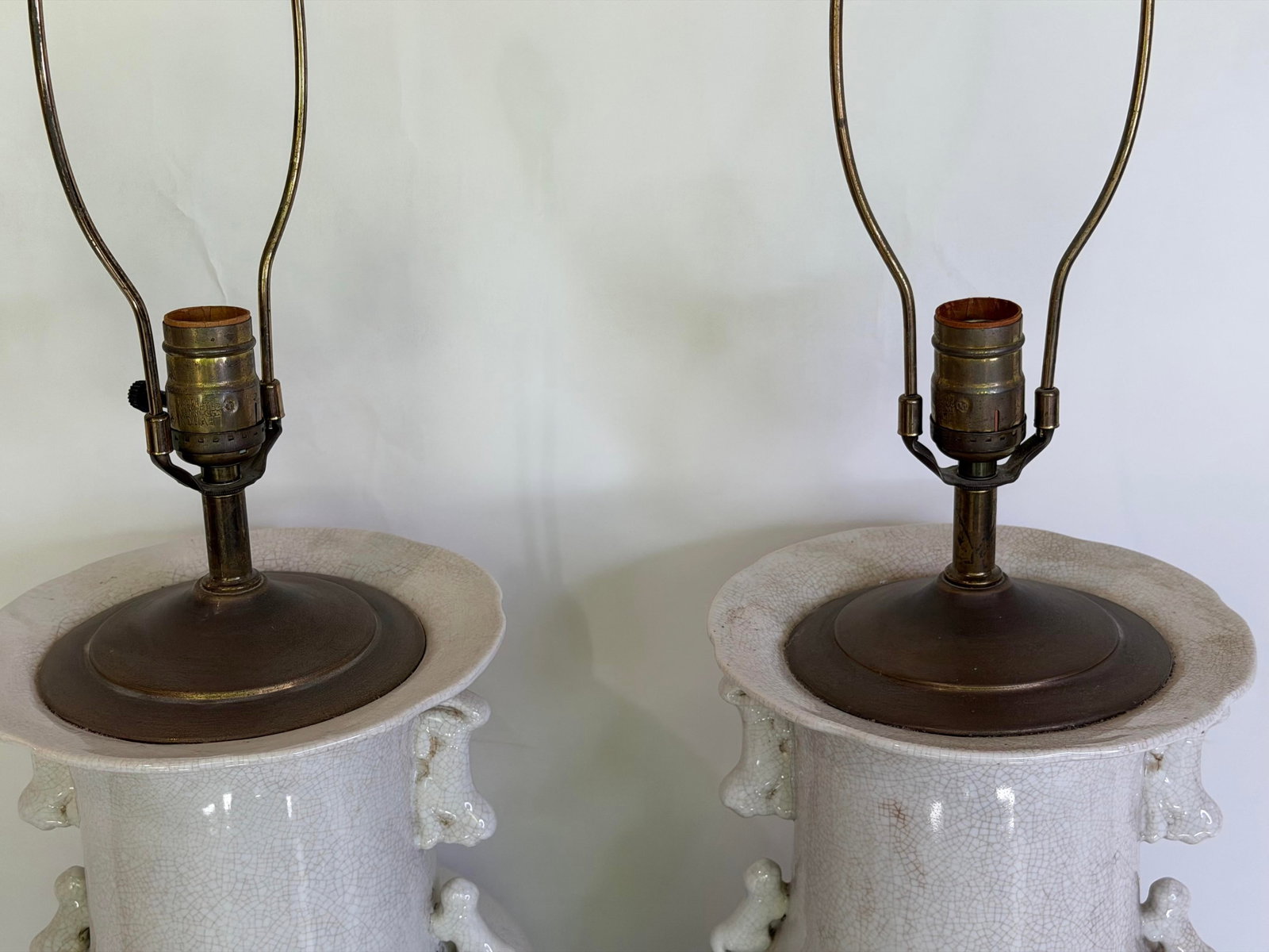 Vintage Large Chinese Blanc De Chine Crackle Glazed Porcelain Foo Dog Handle Table Lamps on Hardwood - 6
