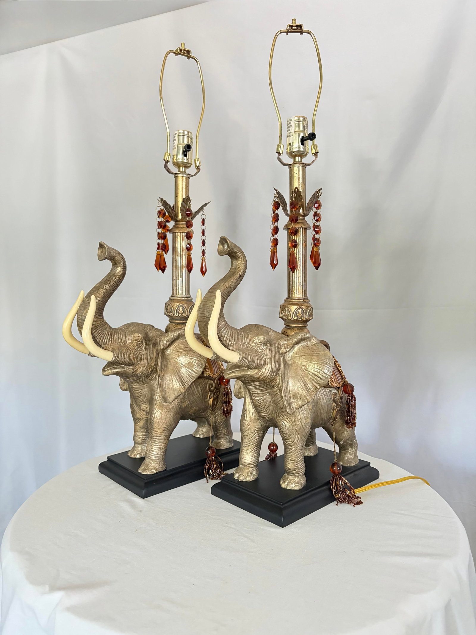 Pair of Vintage Elephant Table Lamps With Original Pagoda Shades - Attributed to Mark Roberts - 7