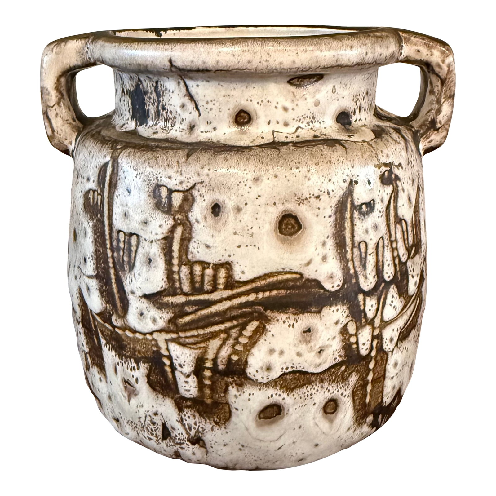 Mid 20th Century Brutalist Japanese Handled Art Pottery Vase: This mid-century Japanese studio art pottery vase showcases a textured, Brutalist surface with organic abstract design in rich earthen tones. The form is a more tradional as in a jar vessel with dual 