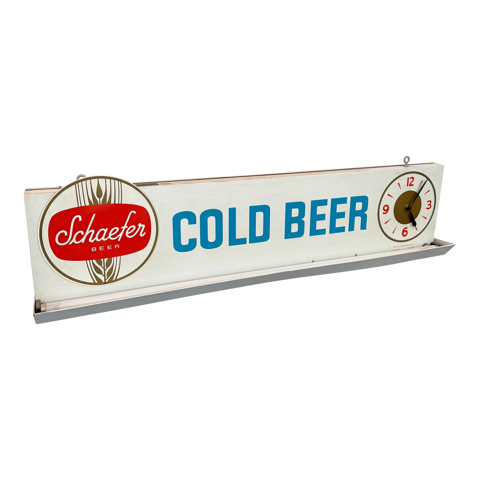 Mid 20th Century Schaefer "Cold Beer" Lit Wall Sign Clock: This is a Schaefer "Cold Beer" lighted metal sign with clock. This limited edition model number 201 was made by the Ohio Thermometer Co in the 1950's. It features the Schaefer logo on one side, clock 