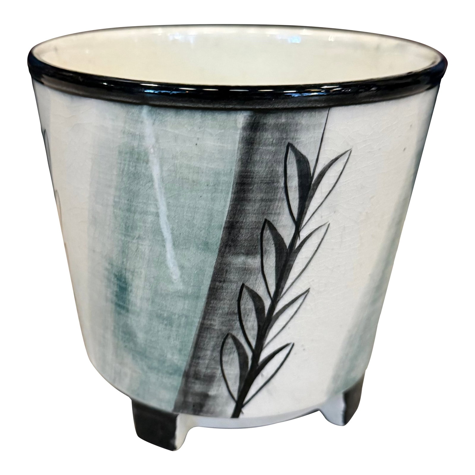 1930s Swedish Art Deco Footed Planter Cachepot by Ilse Claesson for Rorstrand: Designed by prominent Swedish ceramicist Ilse Claesson for Rorstrand in the 1930s, this footed art deco planter or cachepot showcases a striking foliate design. Set on three block feet, the tapered