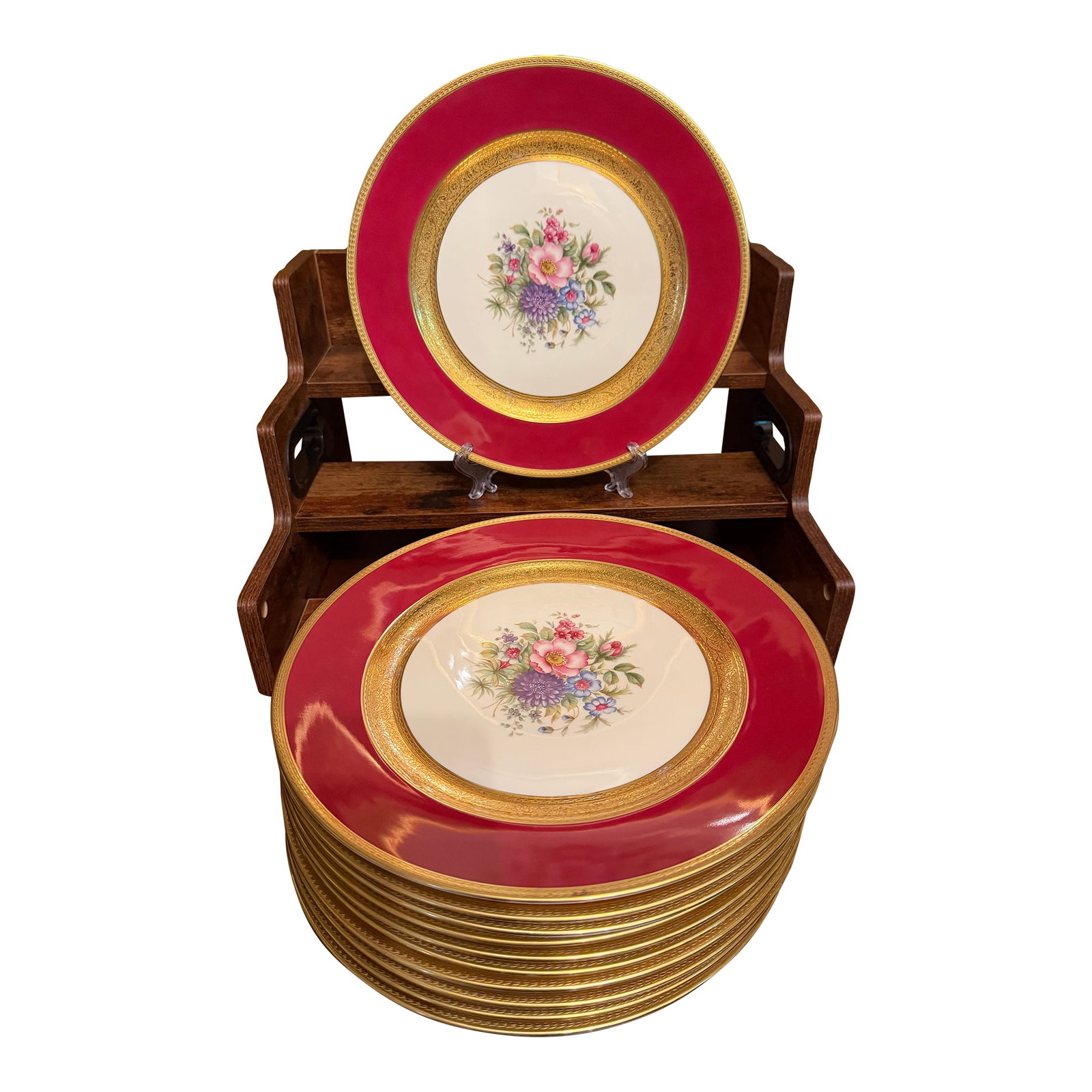 Rosenthal Bavaria #5554 Red and Gold Dinner Plates 11" - Set of 12 ca.1939: These Rosenthal Barvaria #5554 Red and Gold Dinner Plates are a vintage set of 12 made in Bavaria, Germany in 1939. These plates are a local Northeastern Pennsylvania estate find. The plates show