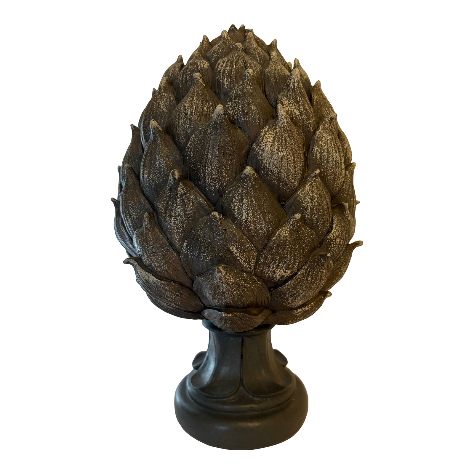 Vintage Decorative Artichoke Decorative Indoor/Outdoor Shelf Statue: Being a symbol of hospitatily and prosperity, artichokes are a classical design for both indoor and outdoor use. This one has a weathered grey finish or antiqued-aged look. I believe this artichoke is
