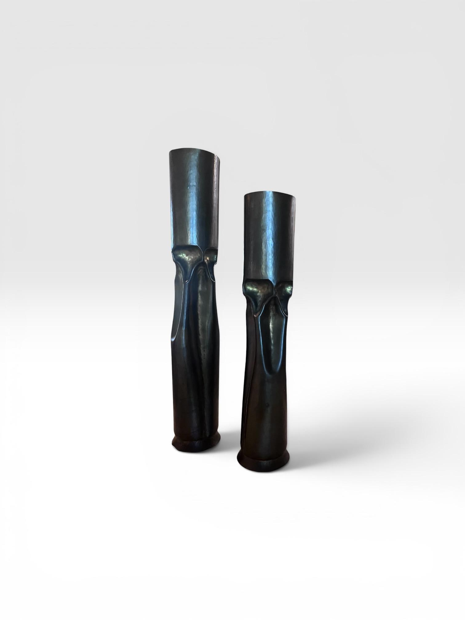 1970s Pair of Mid-Century Brutalist Patinated Bronze Sculptural Candleholders - 2