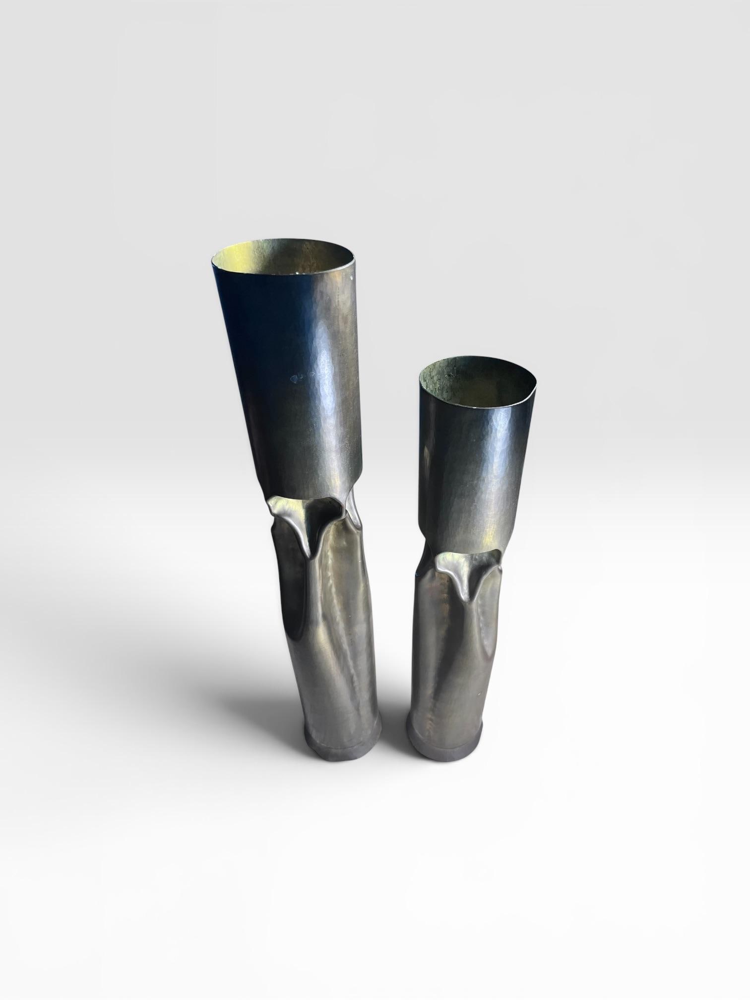 1970s Pair of Mid-Century Brutalist Patinated Bronze Sculptural Candleholders - 3