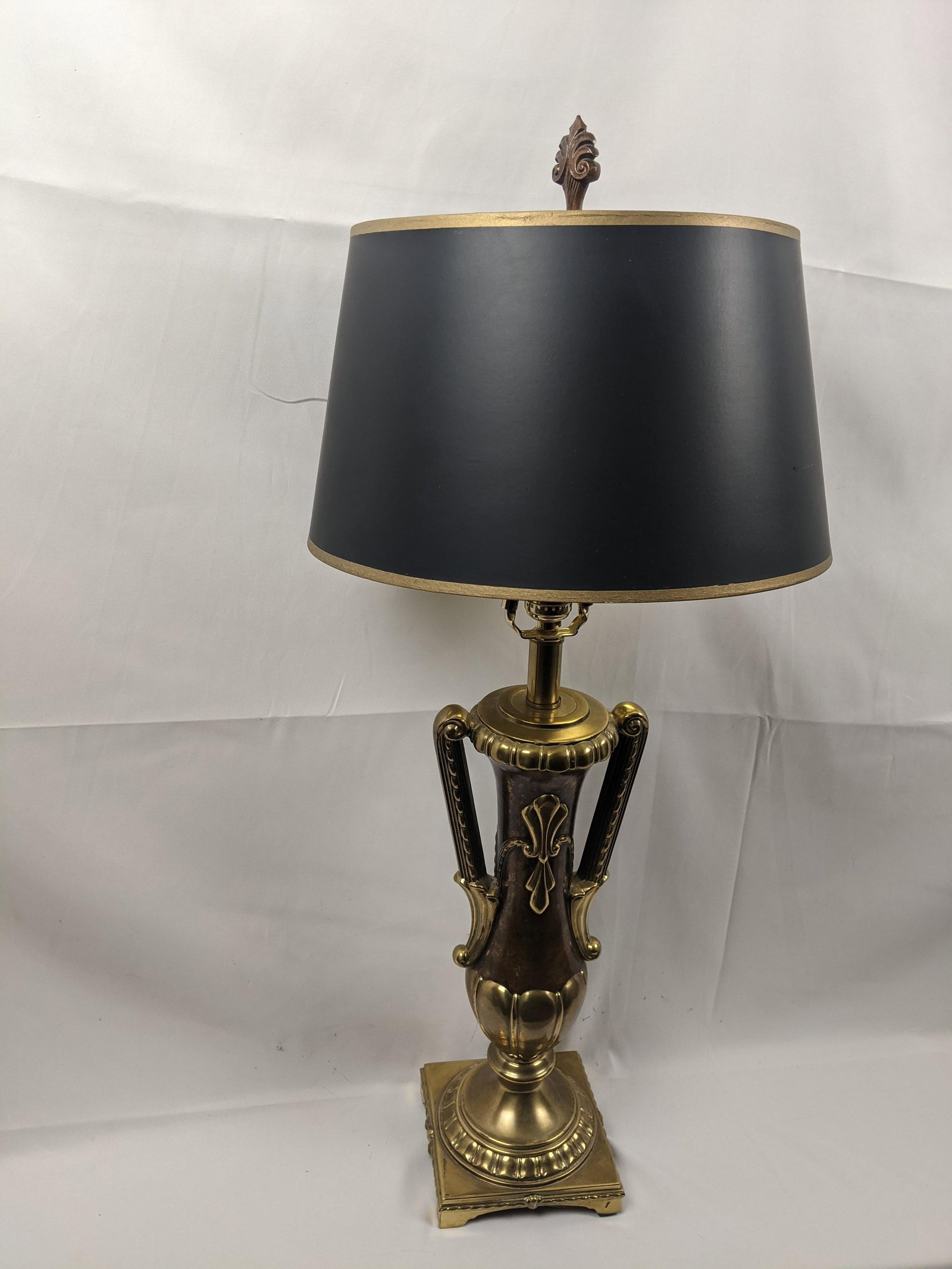 Late 20th Century Large Neoclassical Style Brass & Faux Burlwood Table Lamp With Black Shade - 34"h - 16