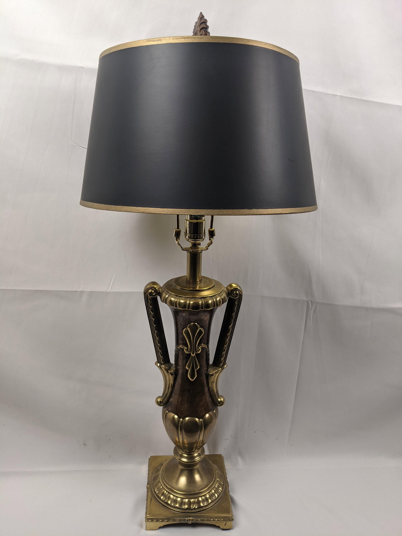 Late 20th Century Large Neoclassical Style Brass & Faux Burlwood Table Lamp With Black Shade - 34"h - 2