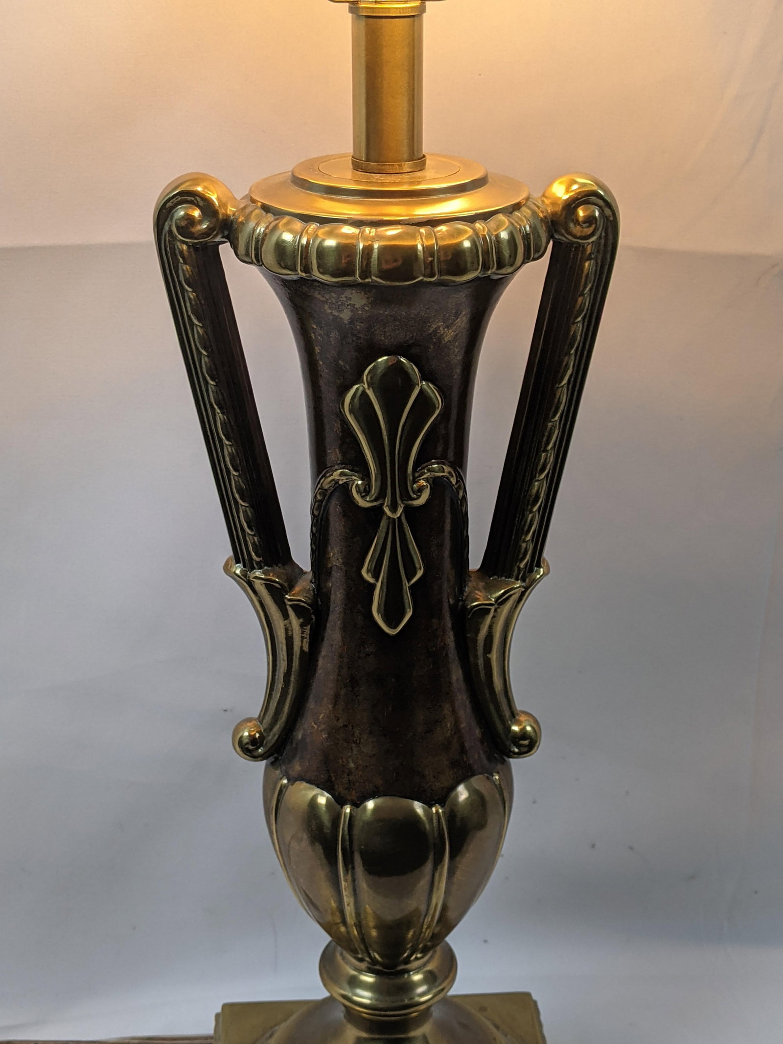 Late 20th Century Large Neoclassical Style Brass & Faux Burlwood Table Lamp With Black Shade - 34"h - 3