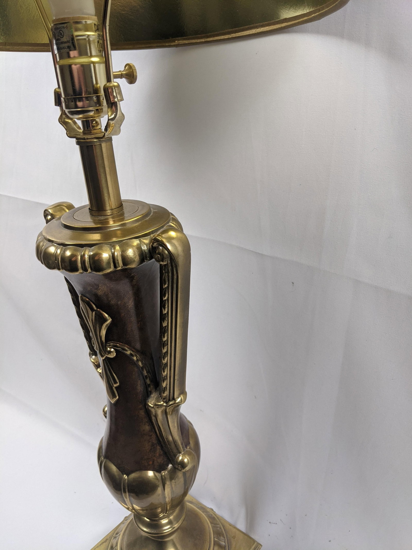Late 20th Century Large Neoclassical Style Brass & Faux Burlwood Table Lamp With Black Shade - 34"h - 4