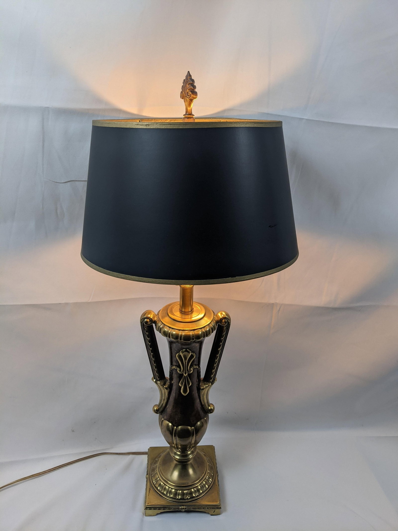 Late 20th Century Large Neoclassical Style Brass & Faux Burlwood Table Lamp With Black Shade - 34"h - 5