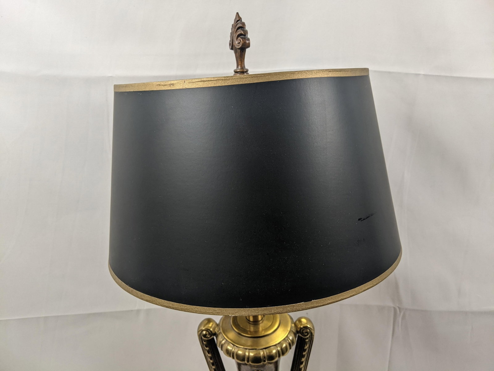 Late 20th Century Large Neoclassical Style Brass & Faux Burlwood Table Lamp With Black Shade - 34"h - 6