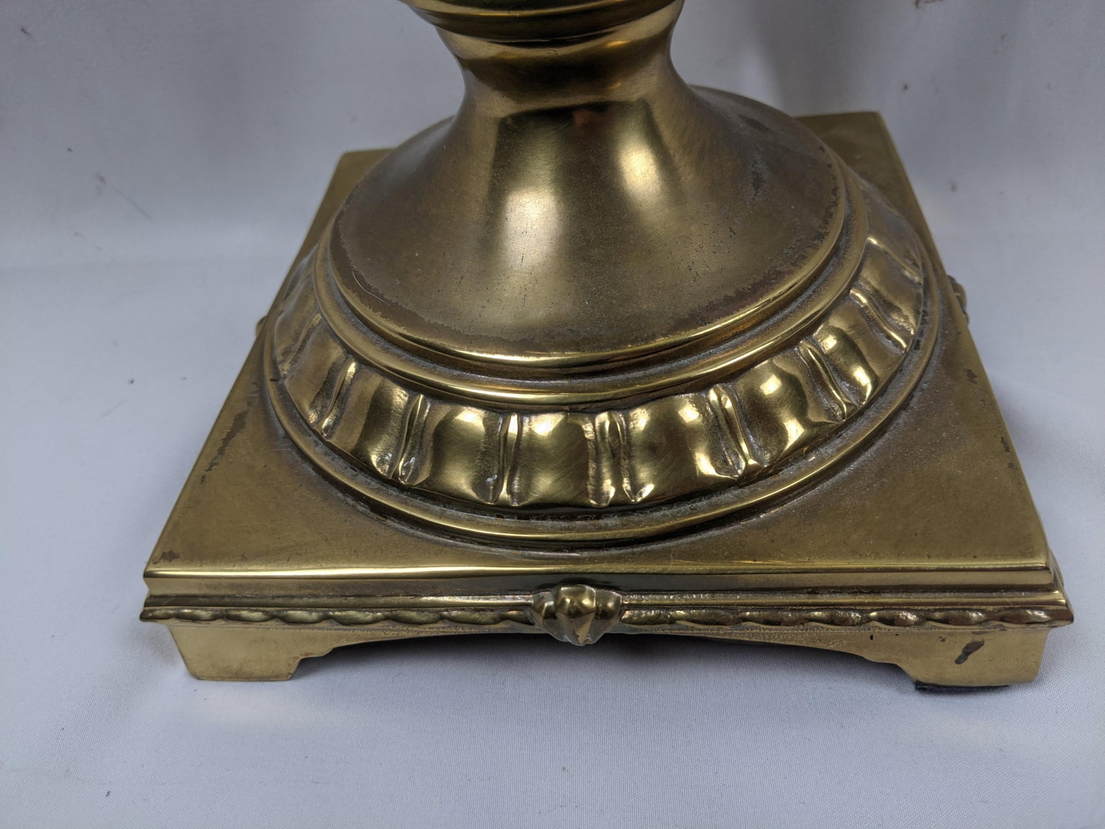 Late 20th Century Large Neoclassical Style Brass & Faux Burlwood Table Lamp With Black Shade - 34"h - 7