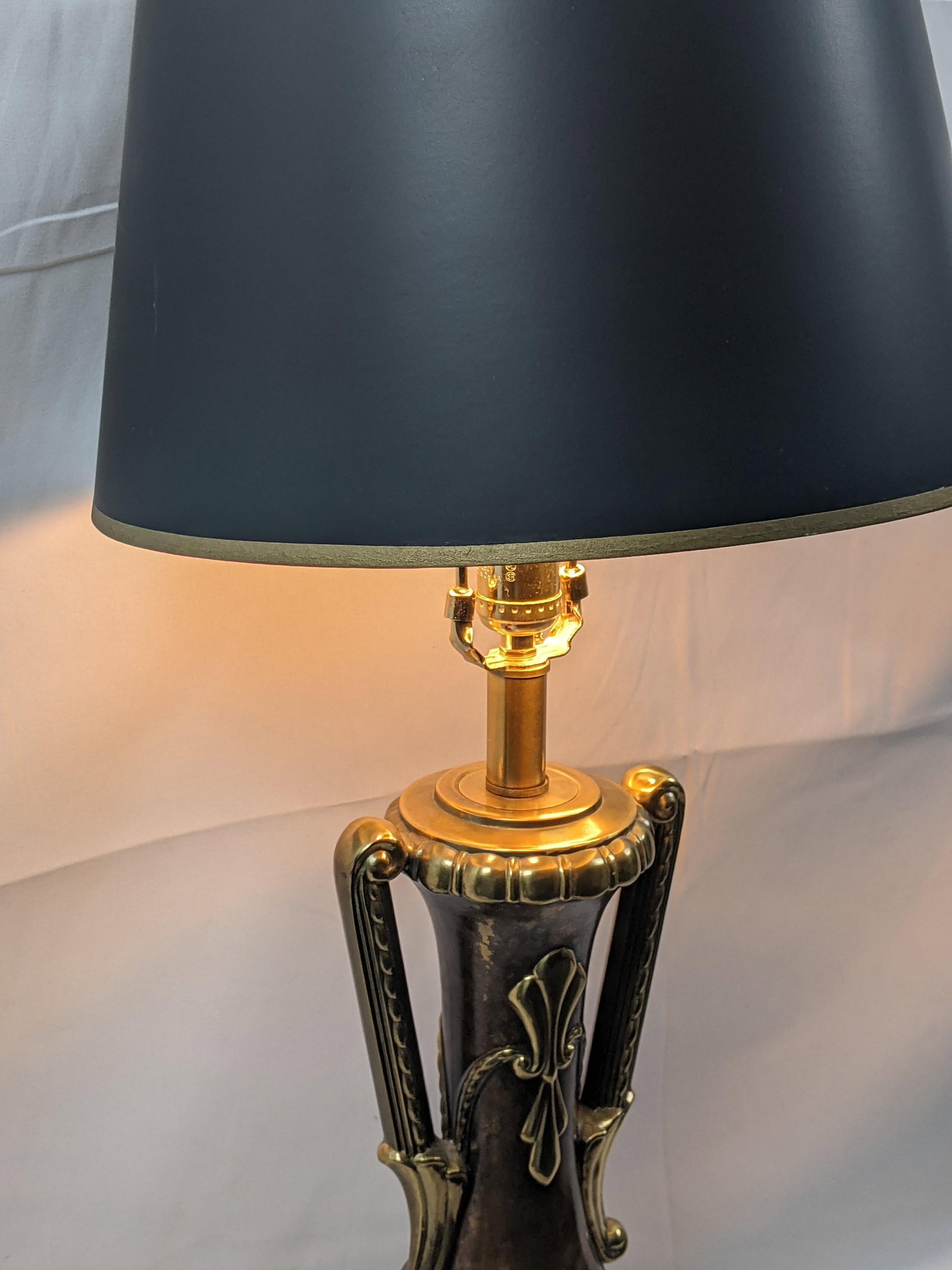 Late 20th Century Large Neoclassical Style Brass & Faux Burlwood Table Lamp With Black Shade - 34"h - 8