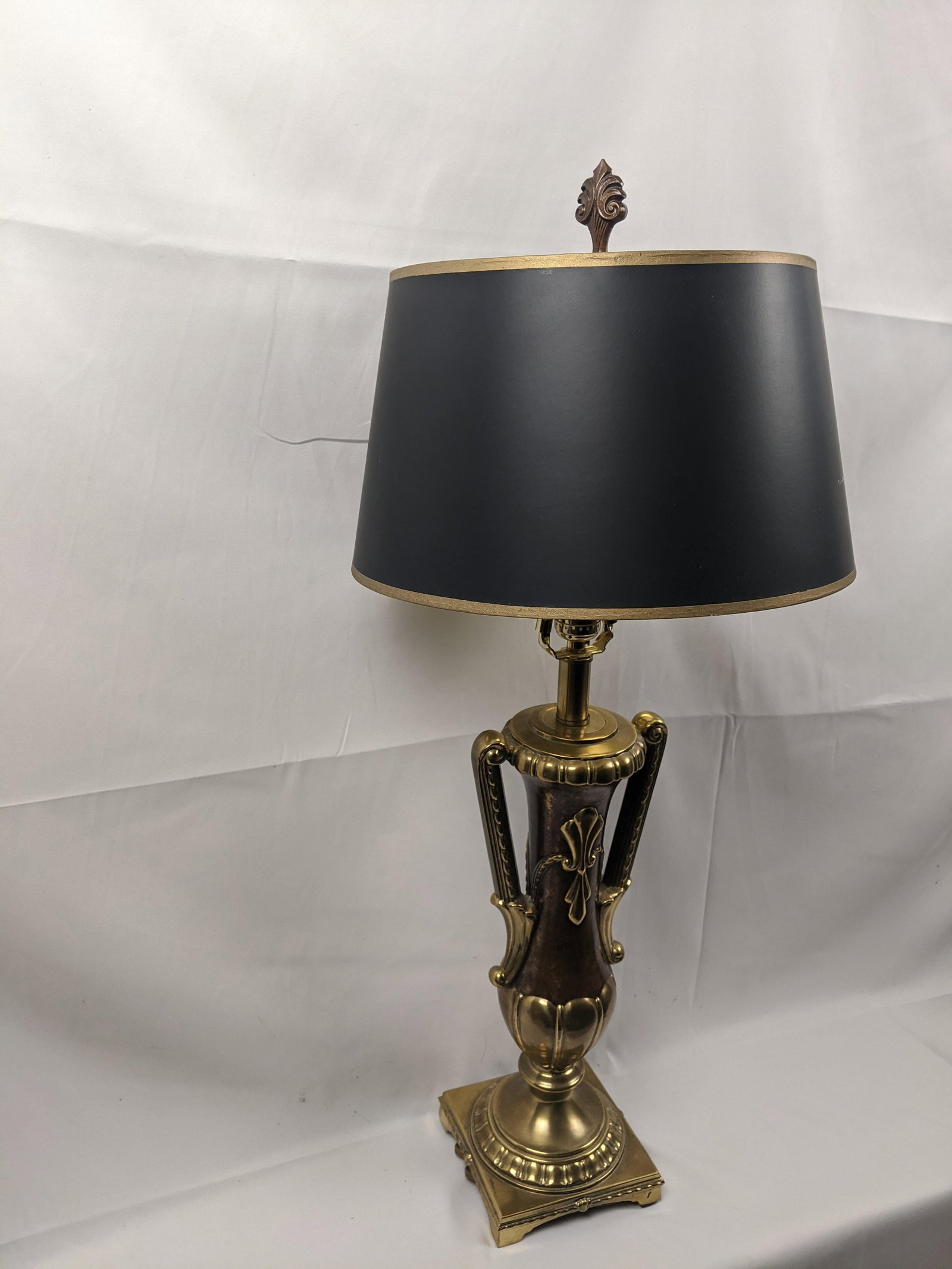 Late 20th Century Large Neoclassical Style Brass & Faux Burlwood Table Lamp With Black Shade - 34"h - 9