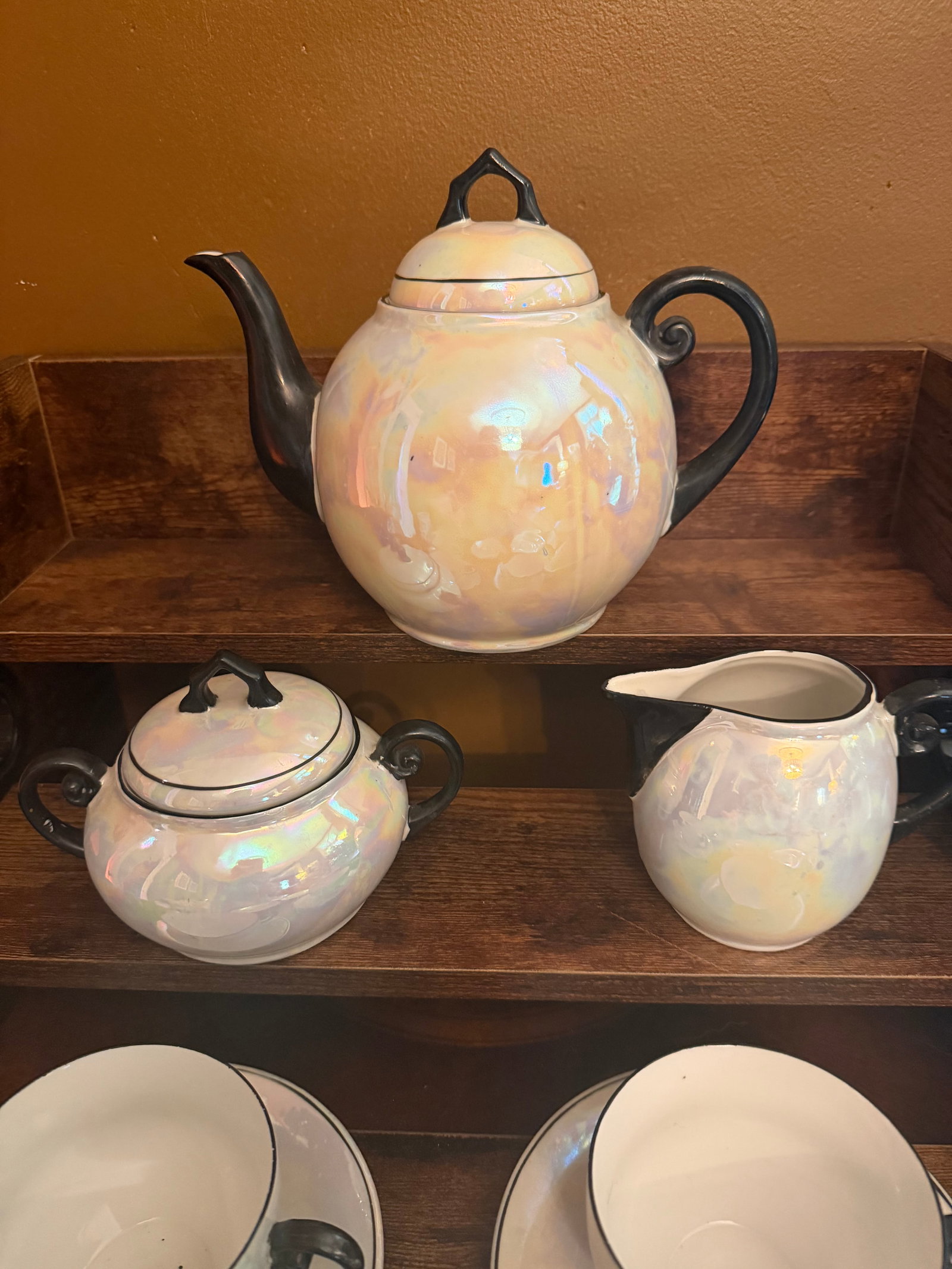 Antique White Block Germany Lusterware Tea Set Art Deco Iridescent 1930s JLB S - 15 pcs - 4