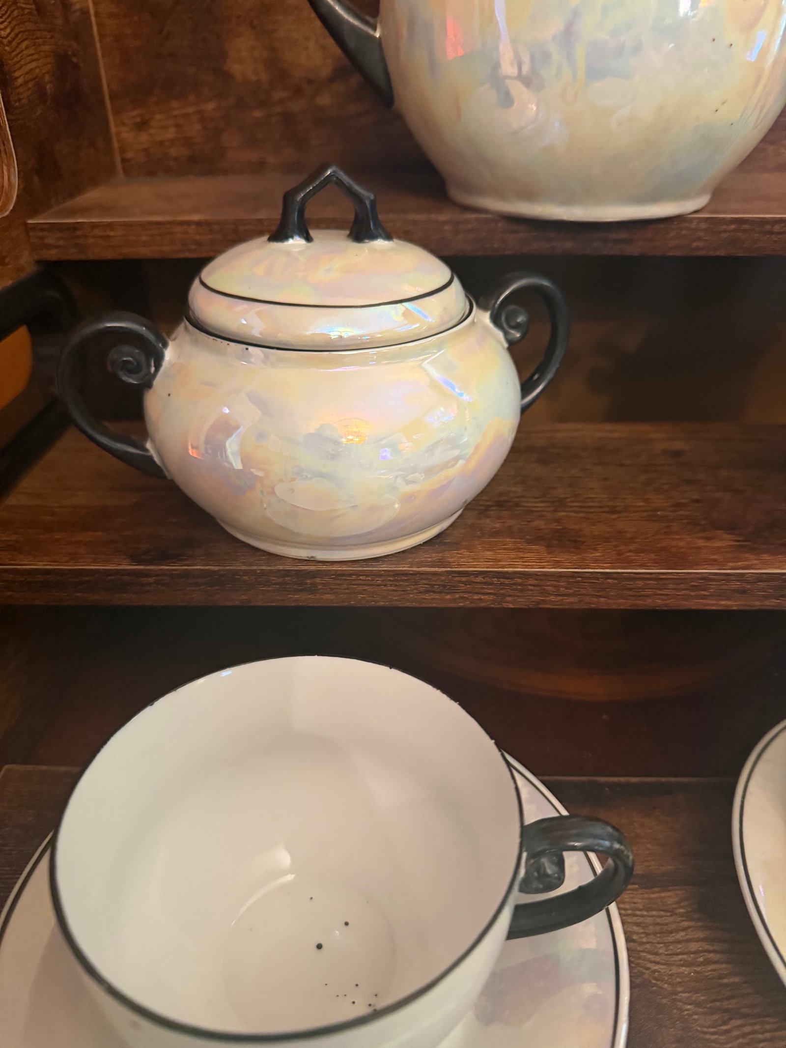 Antique White Block Germany Lusterware Tea Set Art Deco Iridescent 1930s JLB S - 15 pcs - 5