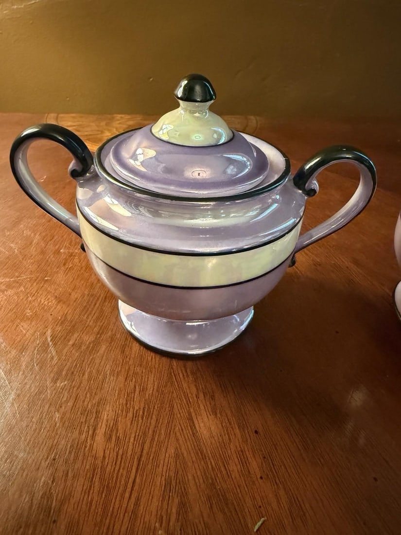 1930s Art Deco Fraunfelter China Lusterware Cream & Sugar Set - Purple & Black - 2