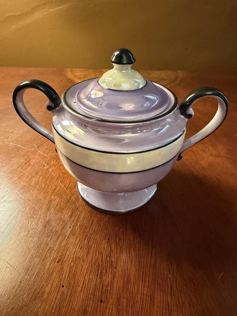 1930s Art Deco Fraunfelter China Lusterware Cream & Sugar Set - Purple & Black - 6