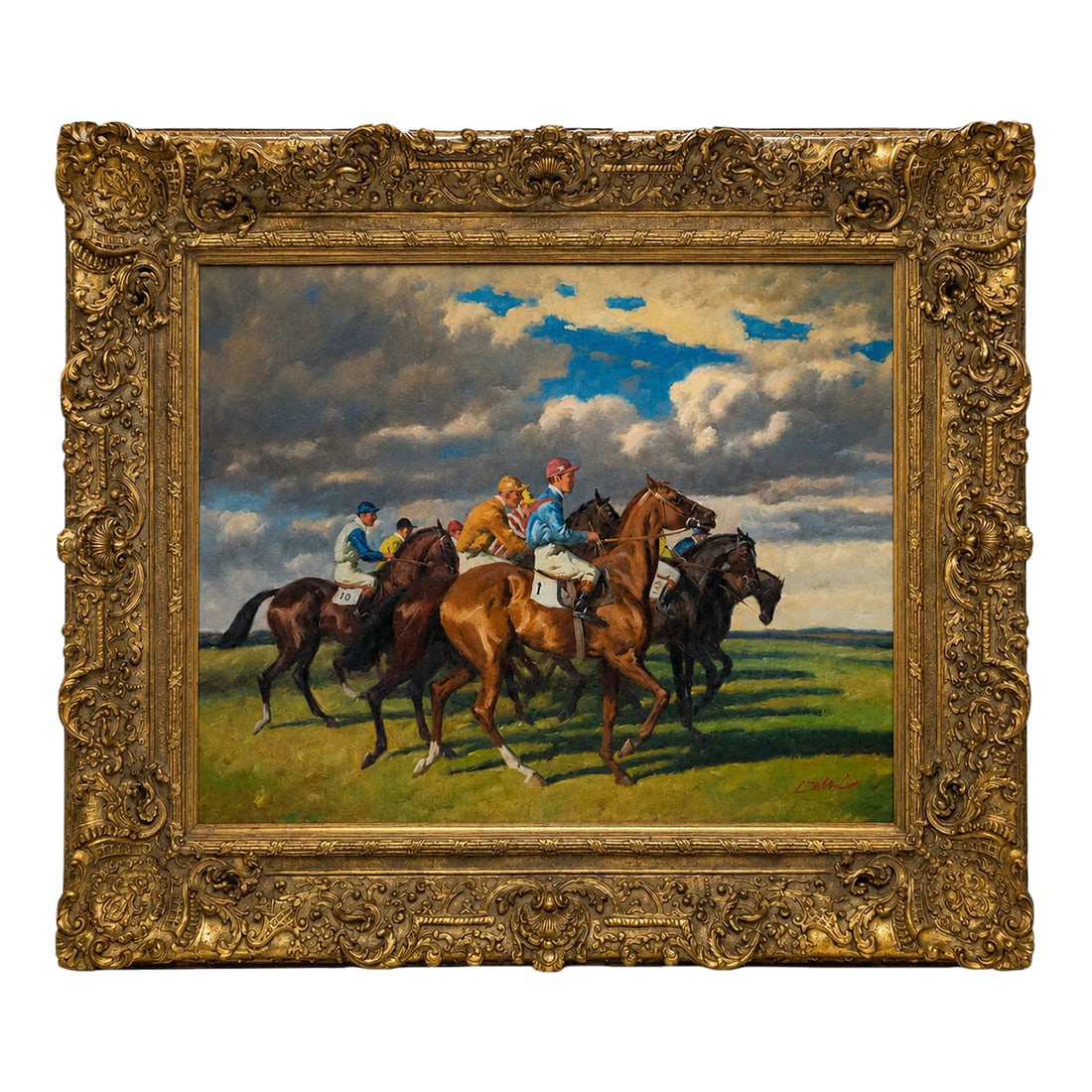 Mid-20th Century Salvator Domingo - Horse Racing Scene, Oil on Canvas: A dynamic 19th-century oil on canvas by Salvator Domingo depicting jockeys on horseback racing across an open landscape beneath a dramatic cloud-filled sky. Domingo was known primarily for his