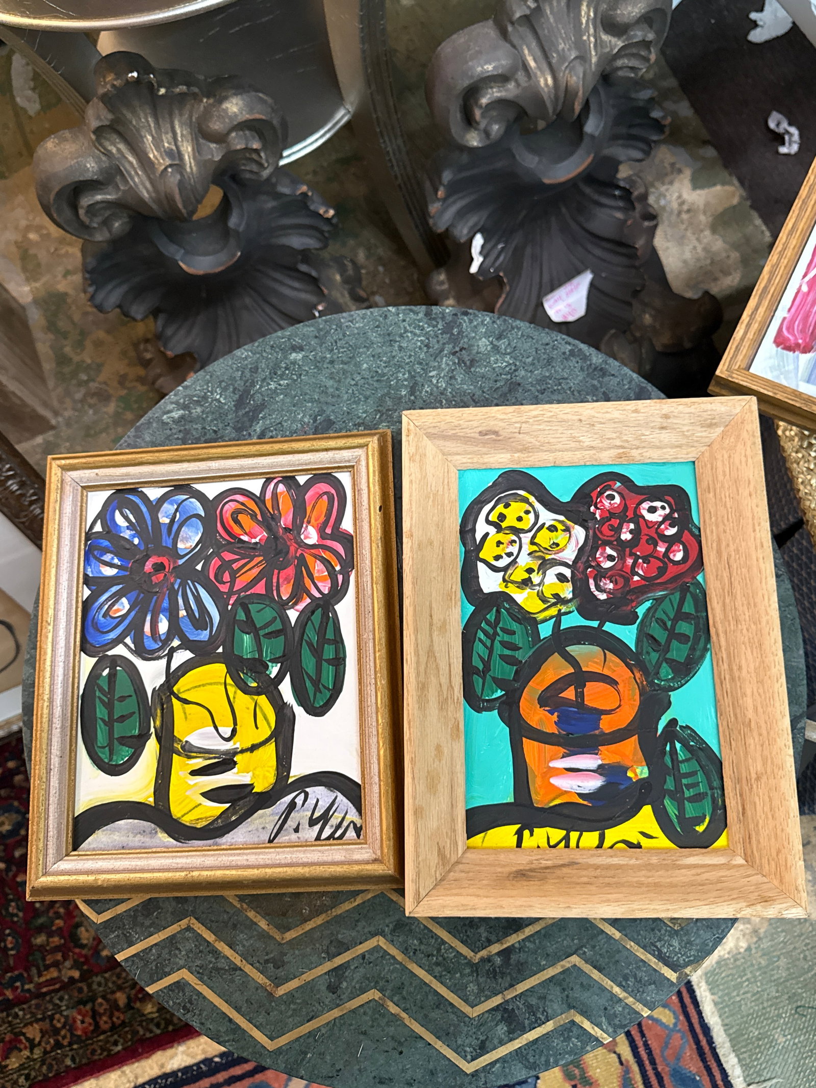 1970s Peter Keil Pair of Miniature Abstract Flower Paintings - 2