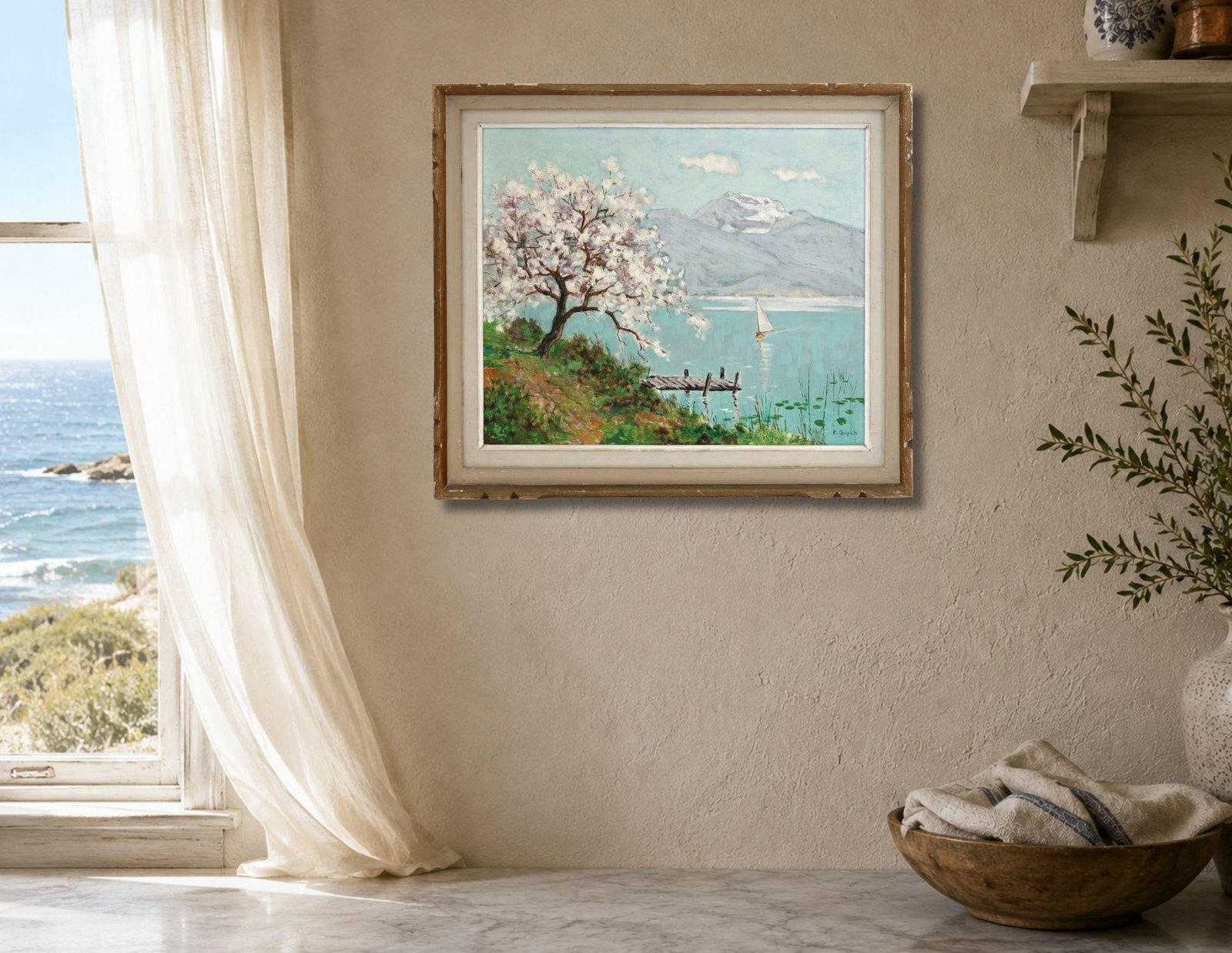 French Painting of Sailboat & Flowering Tree - 2