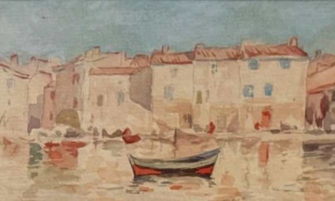 Vintage Italian Harbor Watercolor Painting Purchased in Bellagio, Italy, in Green and Gilt Frame - 2