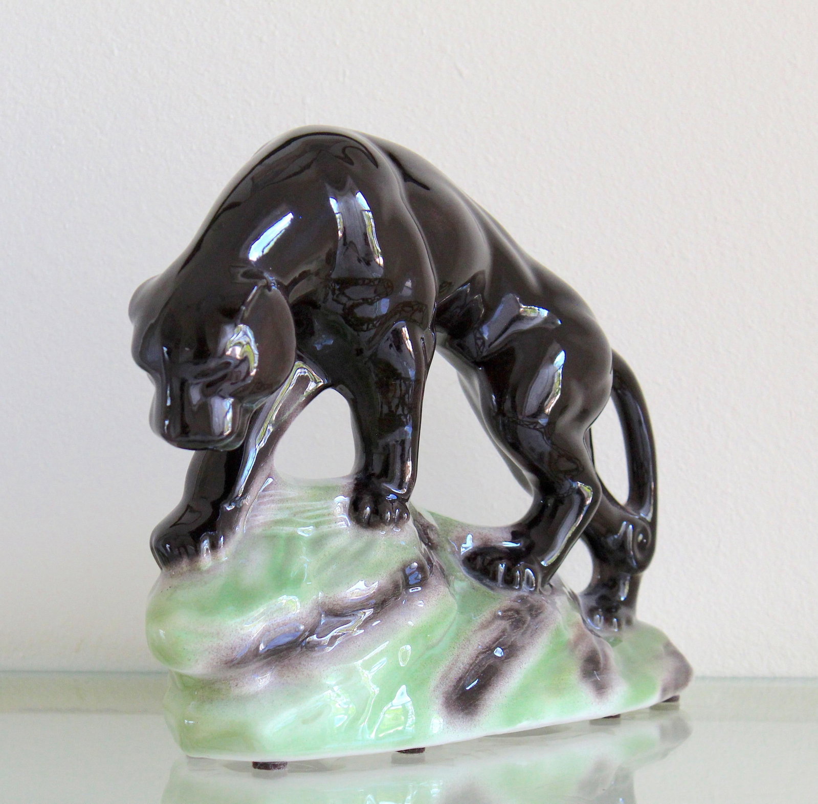 1950s Mid-Century Modern Black Panther Ceramic Sculpture - Glossy Art Pottery Jaguar on Rock Base - 2