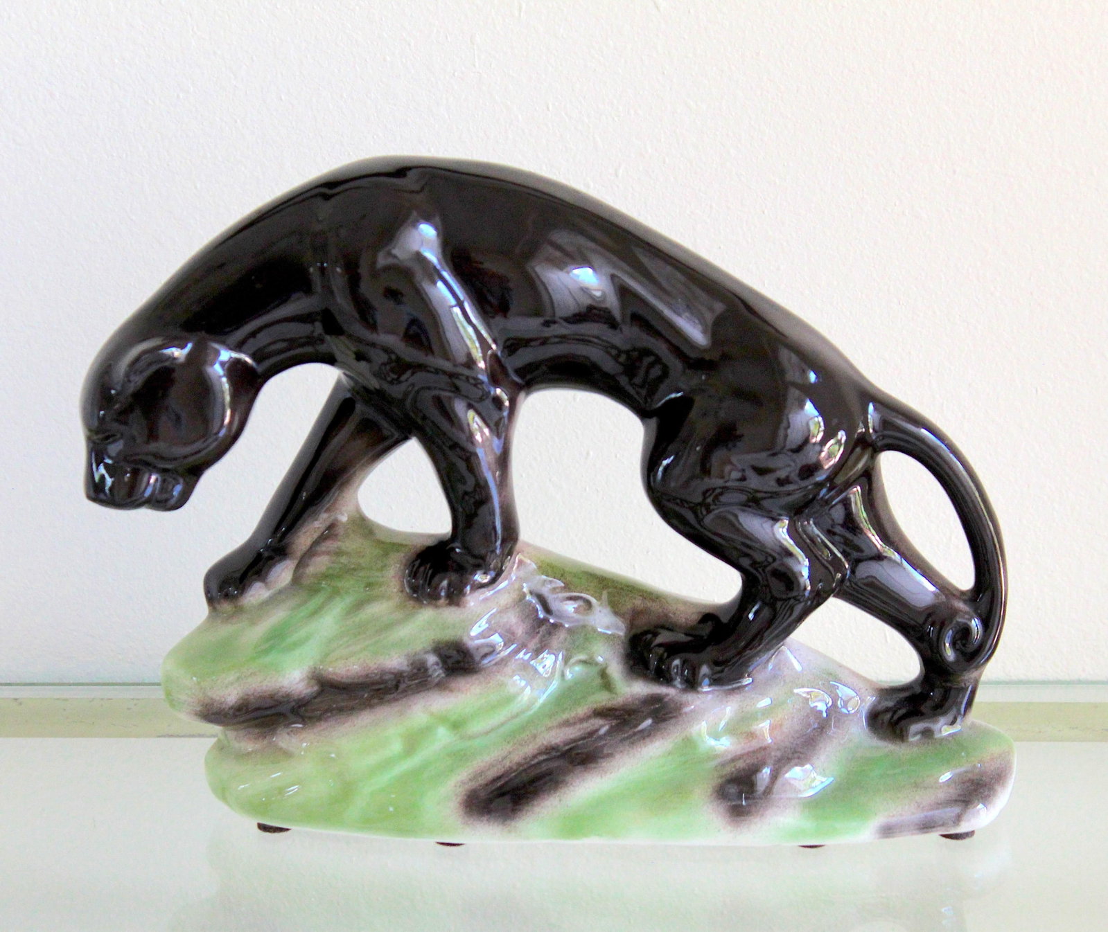 1950s Mid-Century Modern Black Panther Ceramic Sculpture - Glossy Art Pottery Jaguar on Rock Base - 3