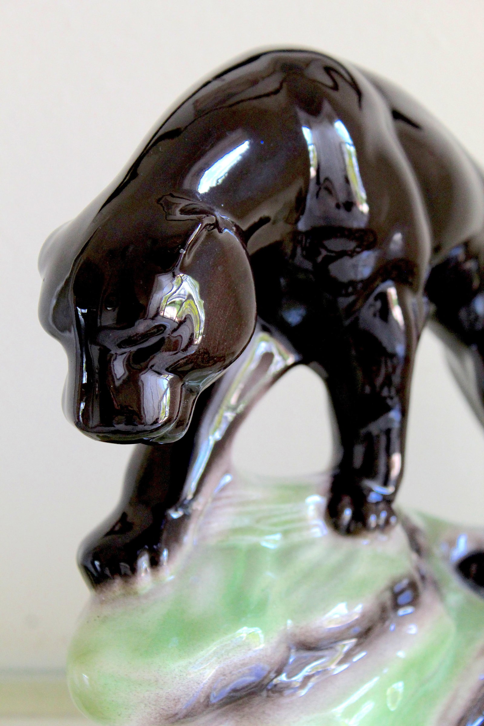 1950s Mid-Century Modern Black Panther Ceramic Sculpture - Glossy Art Pottery Jaguar on Rock Base - 6