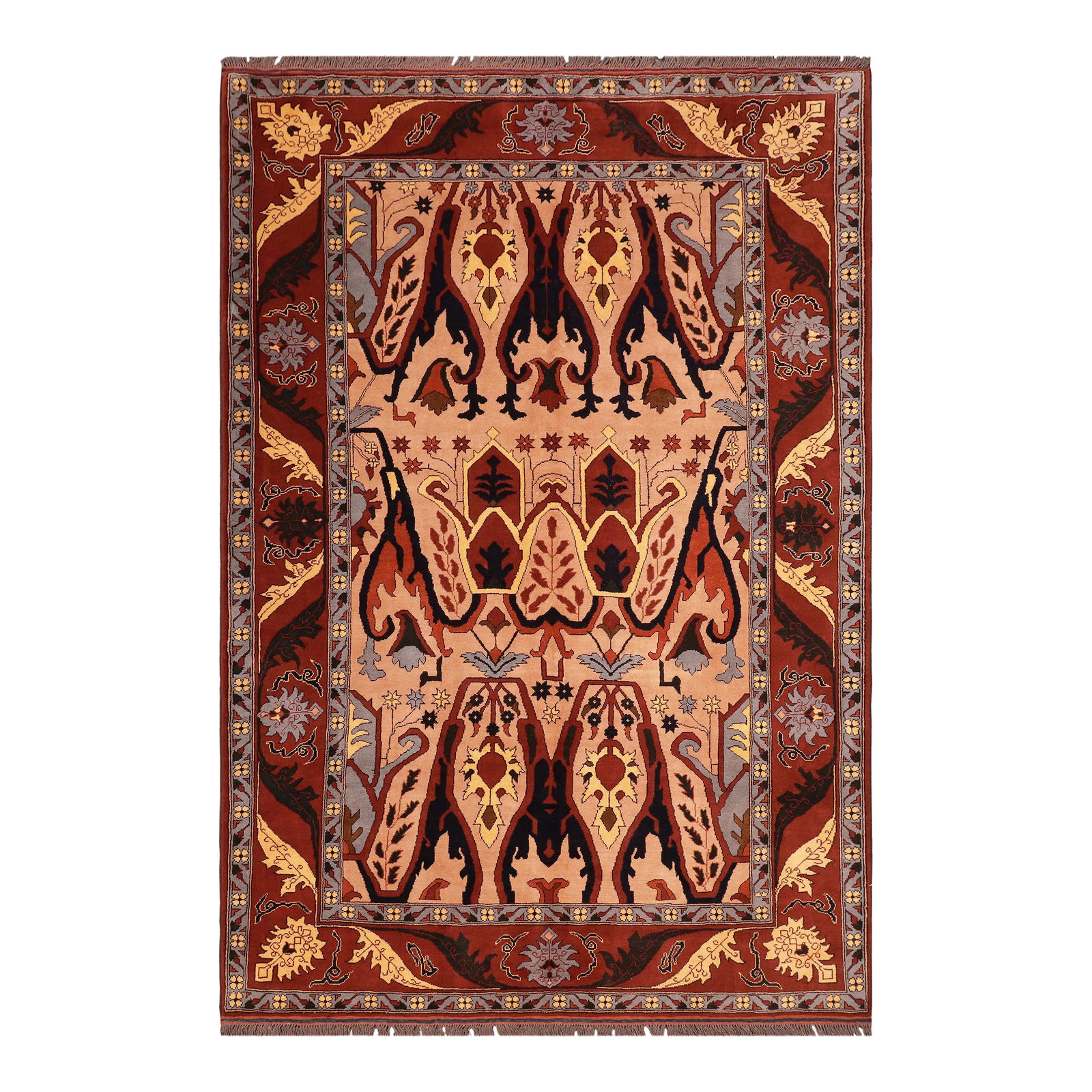 Bohemian Kargahi 1980's Tan/Red Wool Rug - 6'9'' X 9'3'': Enhance your home with the timeless craftsmanship of a hand-knotted Kargahi wool rug, celebrated for its tribal artistry, durable construction, and rich cultural heritage. Each rug is meticulously cra