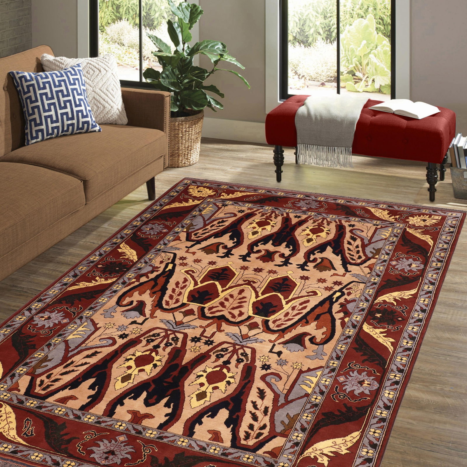 Bohemian Kargahi 1980's Tan/Red Wool Rug - 6'9'' X 9'3'' - 2