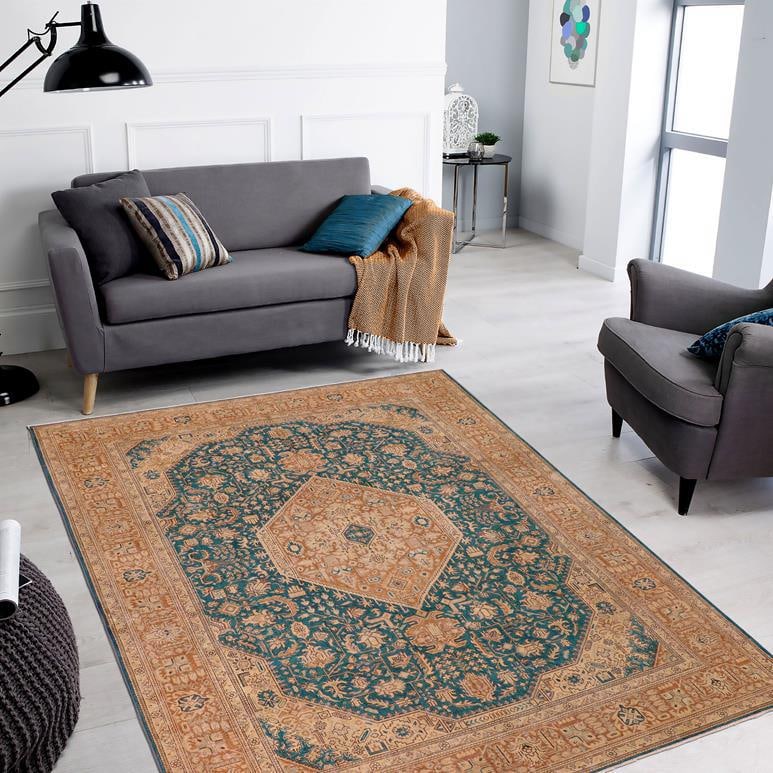 Shabby Chic 1990's Vintage Teal/Brown Wool Rug - 9'8'' X 12'9'' - 2