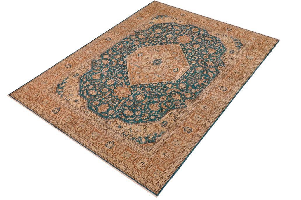 Shabby Chic 1990's Vintage Teal/Brown Wool Rug - 9'8'' X 12'9'' - 3
