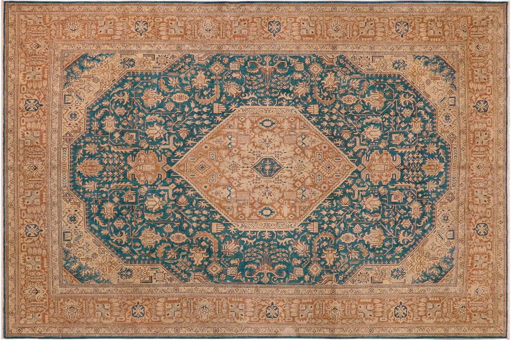 Shabby Chic 1990's Vintage Teal/Brown Wool Rug - 9'8'' X 12'9'' - 9