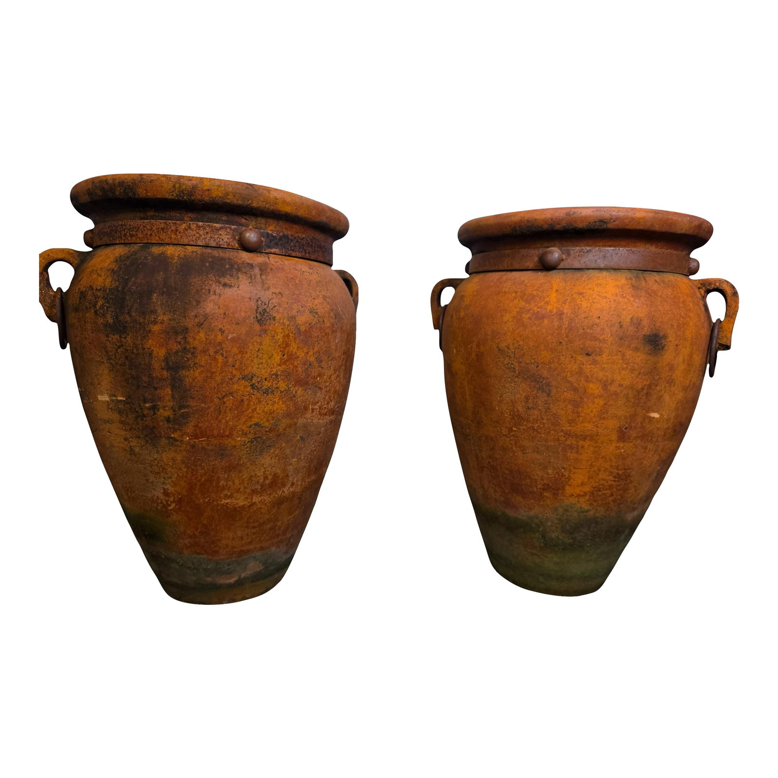 Attributed Monumental 19th-Century Mediterranean Terracotta Amphorae With Rare Forged Iron Armatures: An extraordinary and exceptionally rare matching pair of monumental 19th-century (or older) Mediterranean terracotta amphorae / oil jars. Sourced from a premier estate collection, these commanding