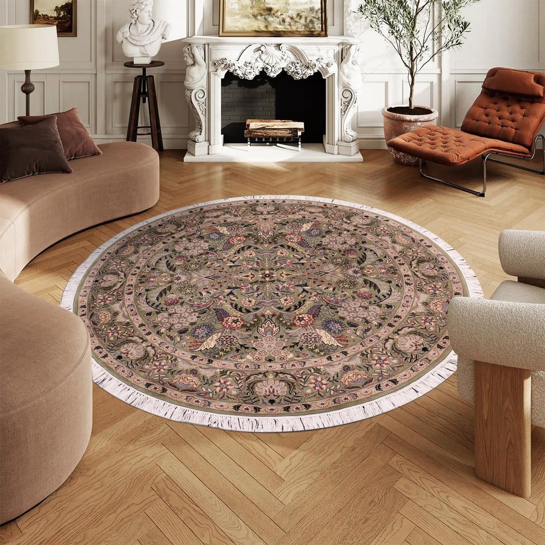 Shabby Chic 1990's Pak-Persian Green/Gray Wool Round Rug - 6'2'' X 6'3'' - 2