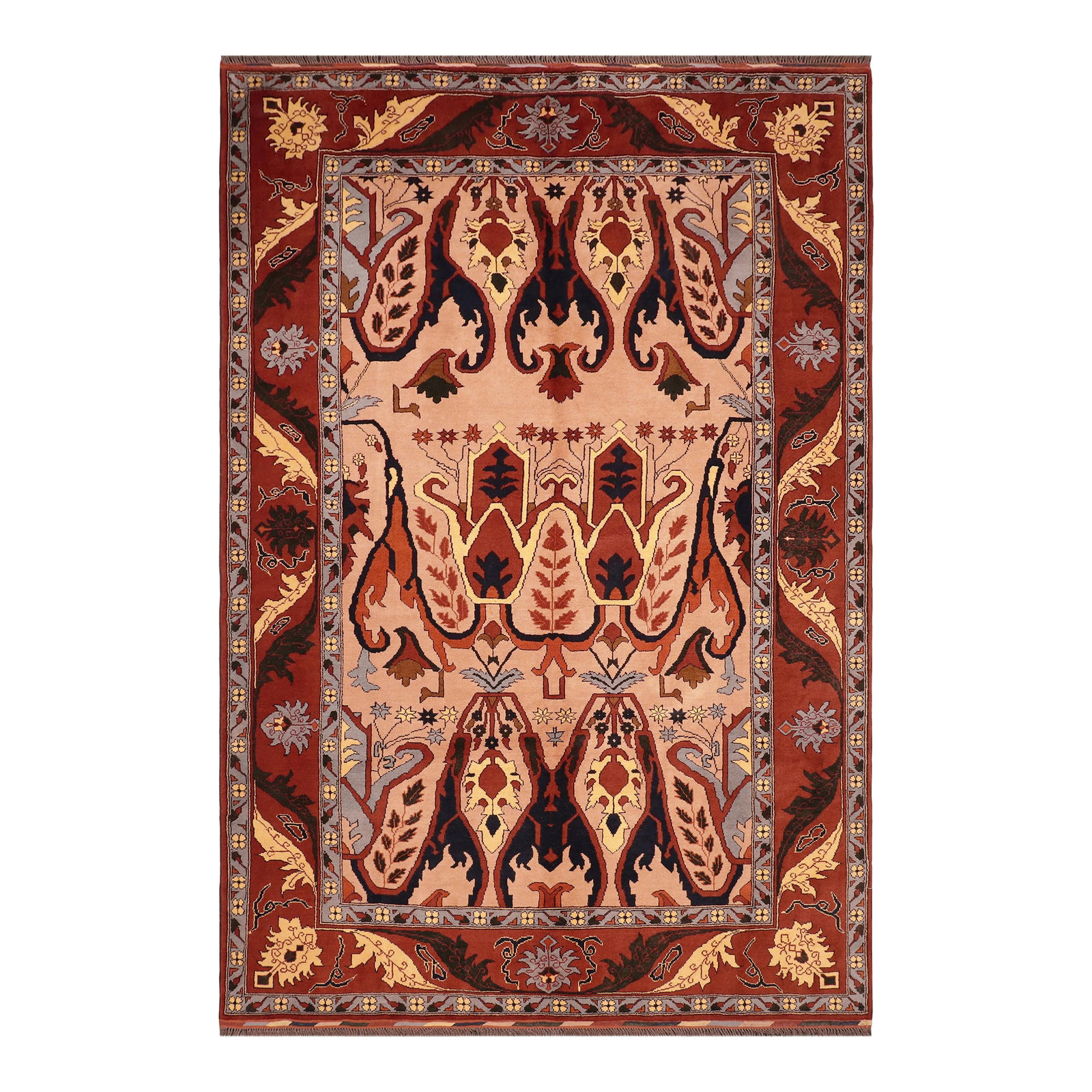 Rustic Kargahi 1980's Tan/Rust Wool Rug - 6'2'' X 9'0'': Enhance your home with the timeless craftsmanship of a hand-knotted Kargahi wool rug, celebrated for its tribal artistry, durable construction, and rich cultural heritage. Each rug is meticulously cra