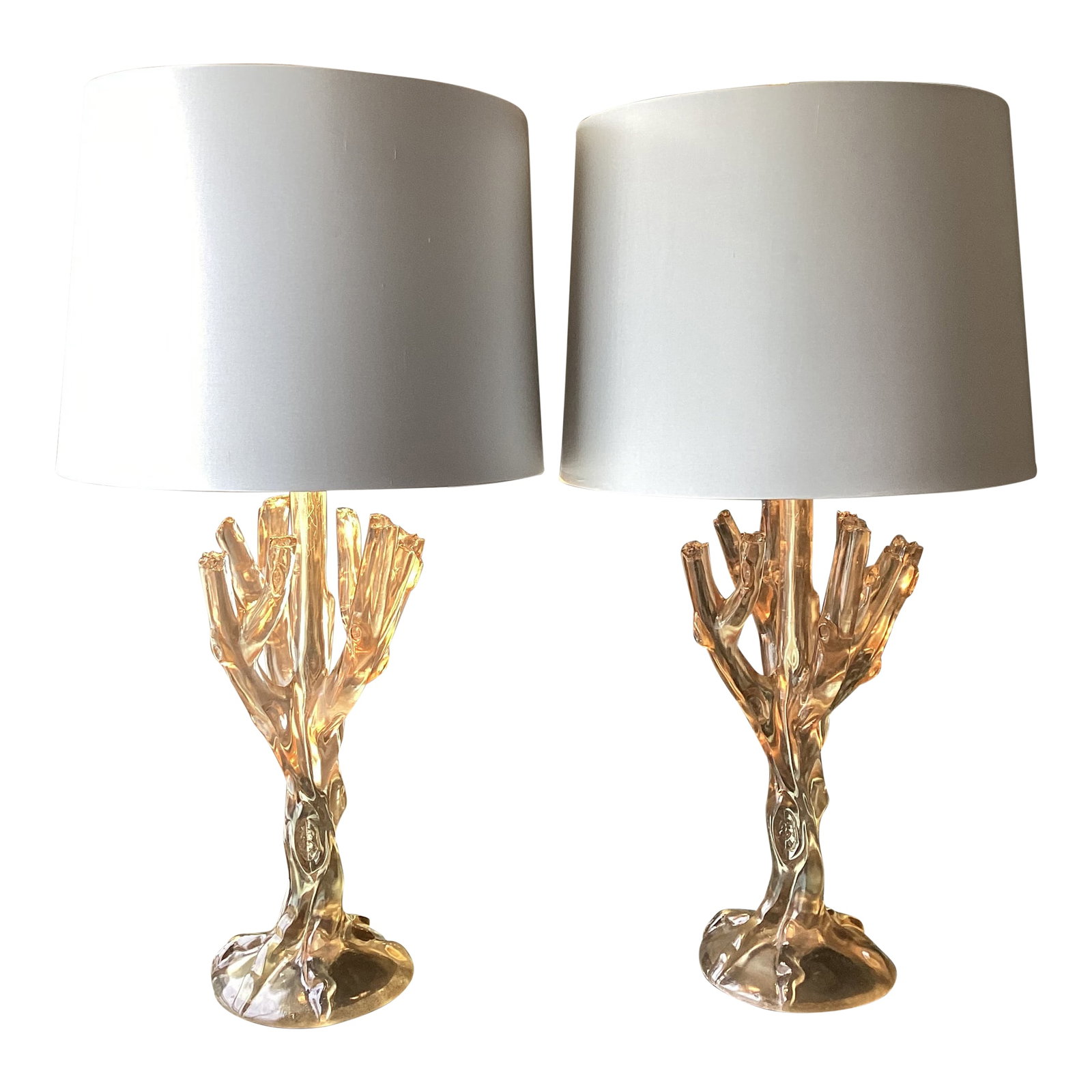 Late 20th Century Smoked Lucite Faux Bois Lamps With Silk Drum Shades - a Pair: Attributed to Arteriors but unmarked. These large lamps really are gorgeous. They are topped with soft gray silk drums lined with silver that cast a glow down and up. Stunning! Slide dimmers on cords.