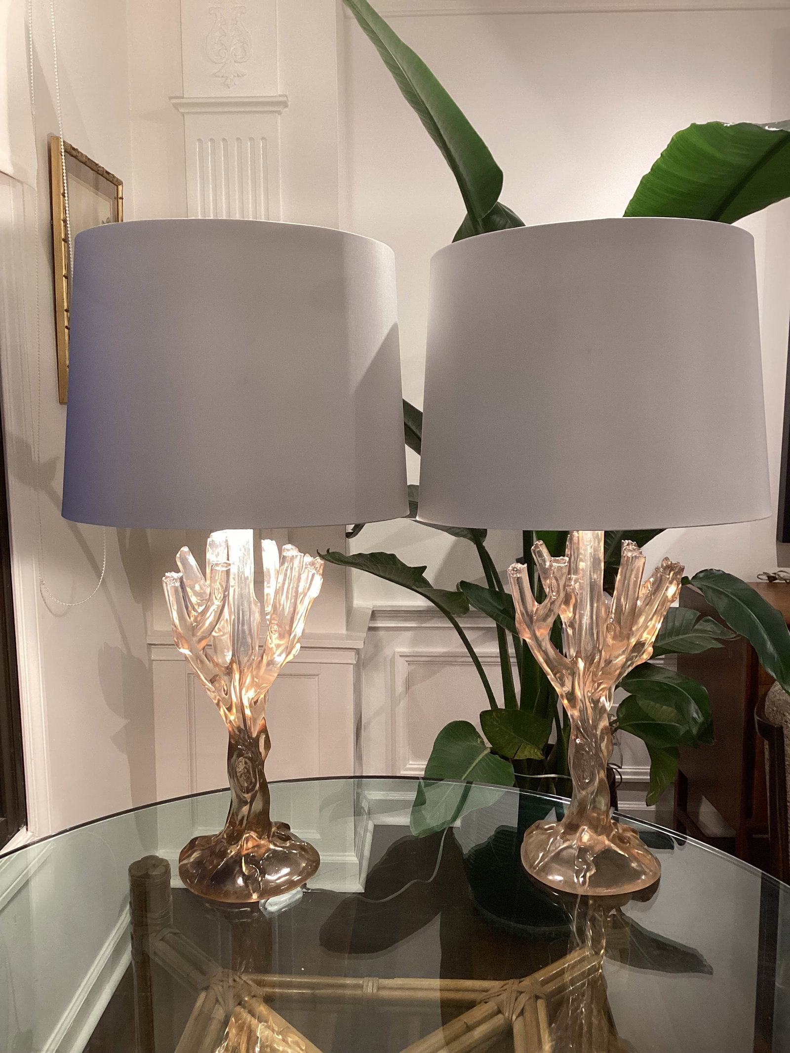 Late 20th Century Smoked Lucite Faux Bois Lamps With Silk Drum Shades - a Pair - 2