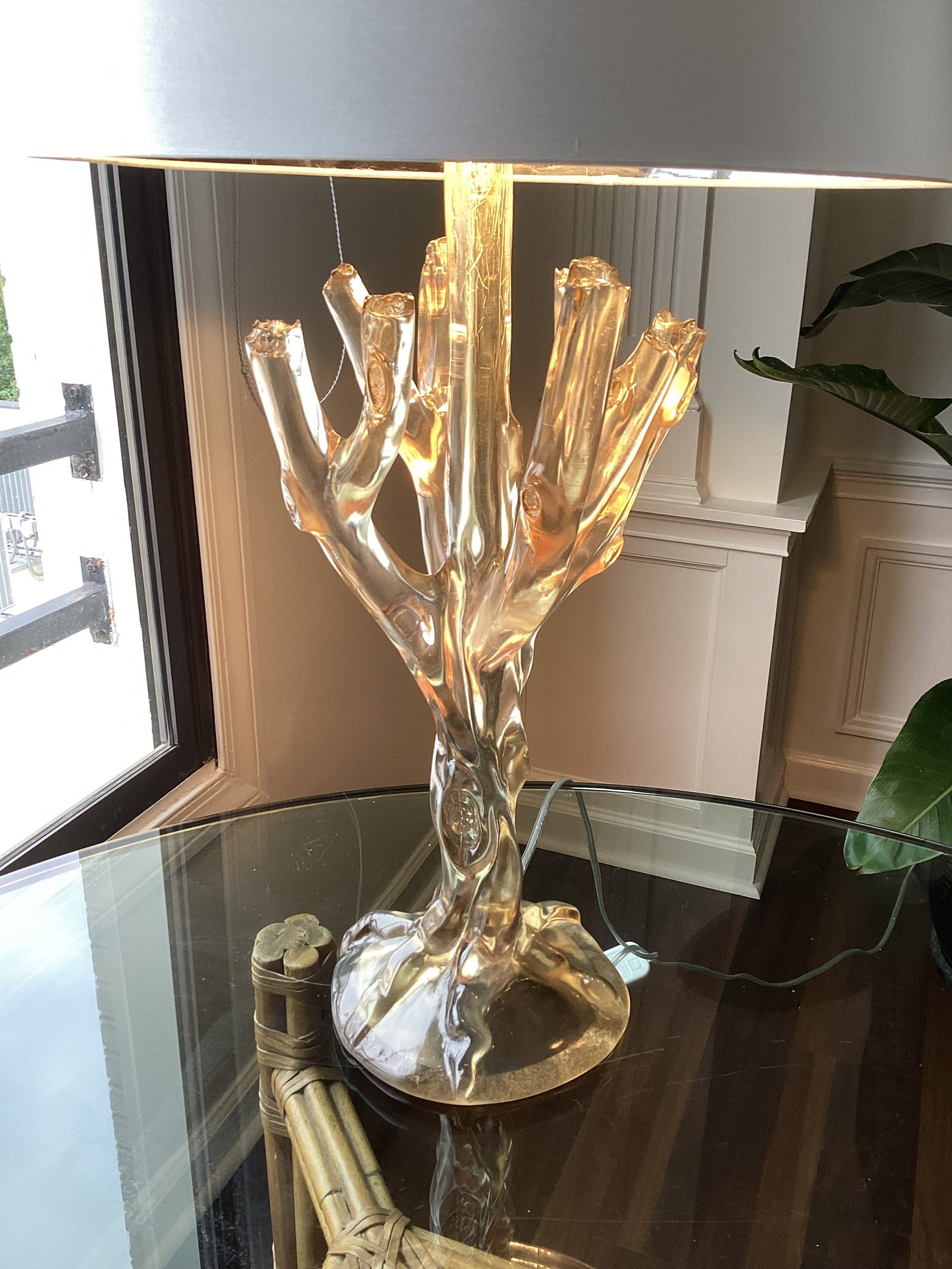 Late 20th Century Smoked Lucite Faux Bois Lamps With Silk Drum Shades - a Pair - 3