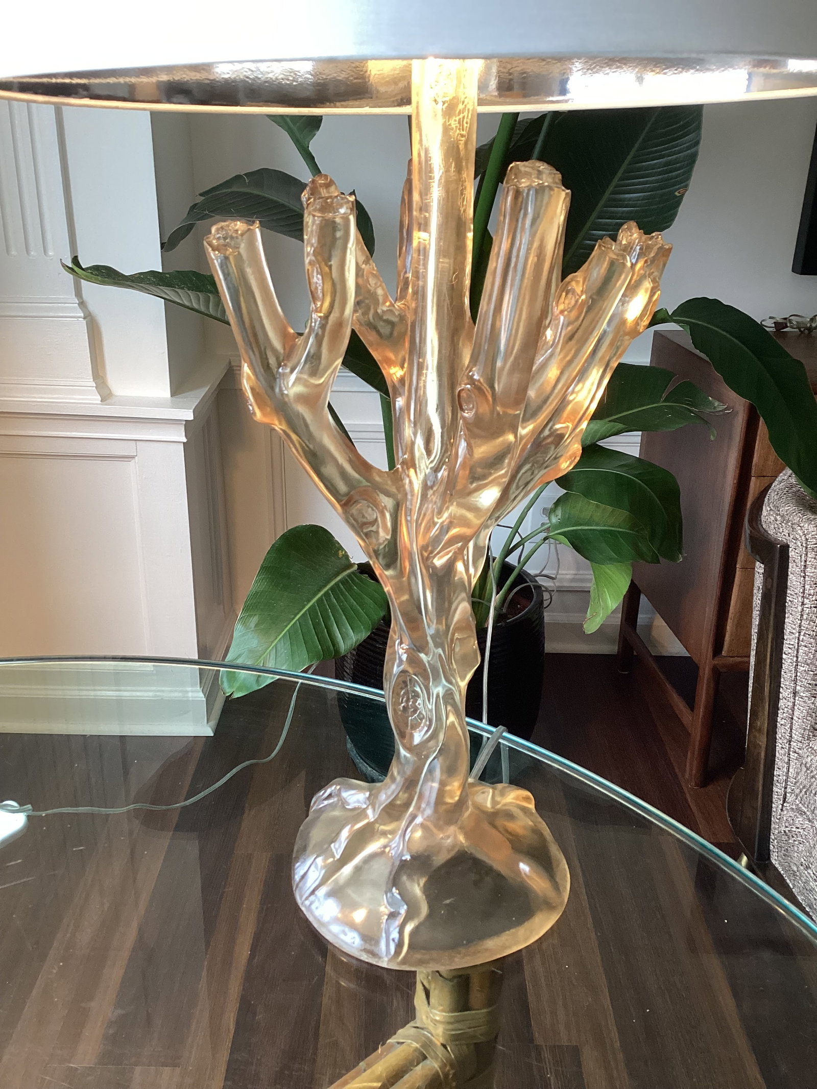 Late 20th Century Smoked Lucite Faux Bois Lamps With Silk Drum Shades - a Pair - 4