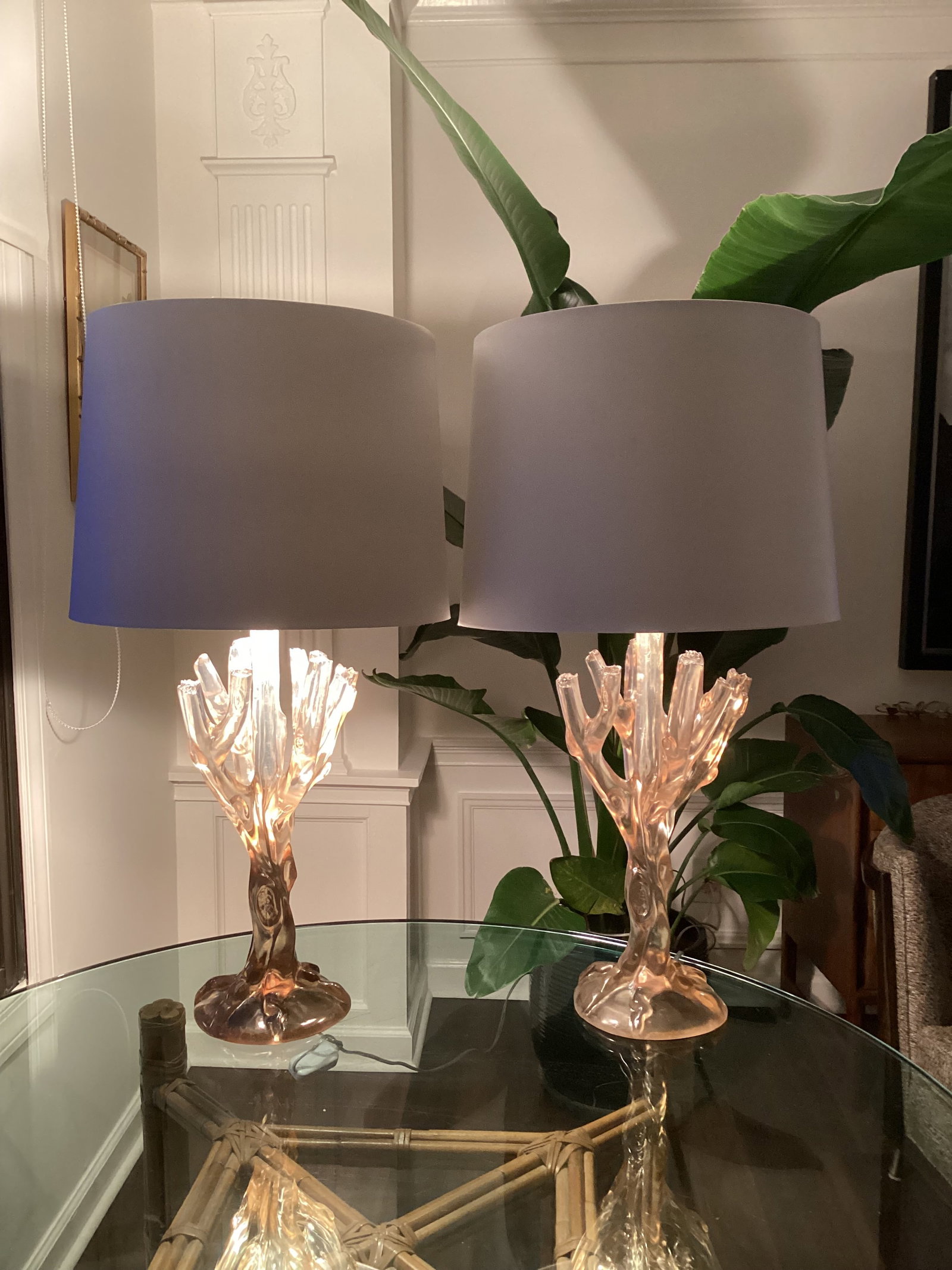 Late 20th Century Smoked Lucite Faux Bois Lamps With Silk Drum Shades - a Pair - 6
