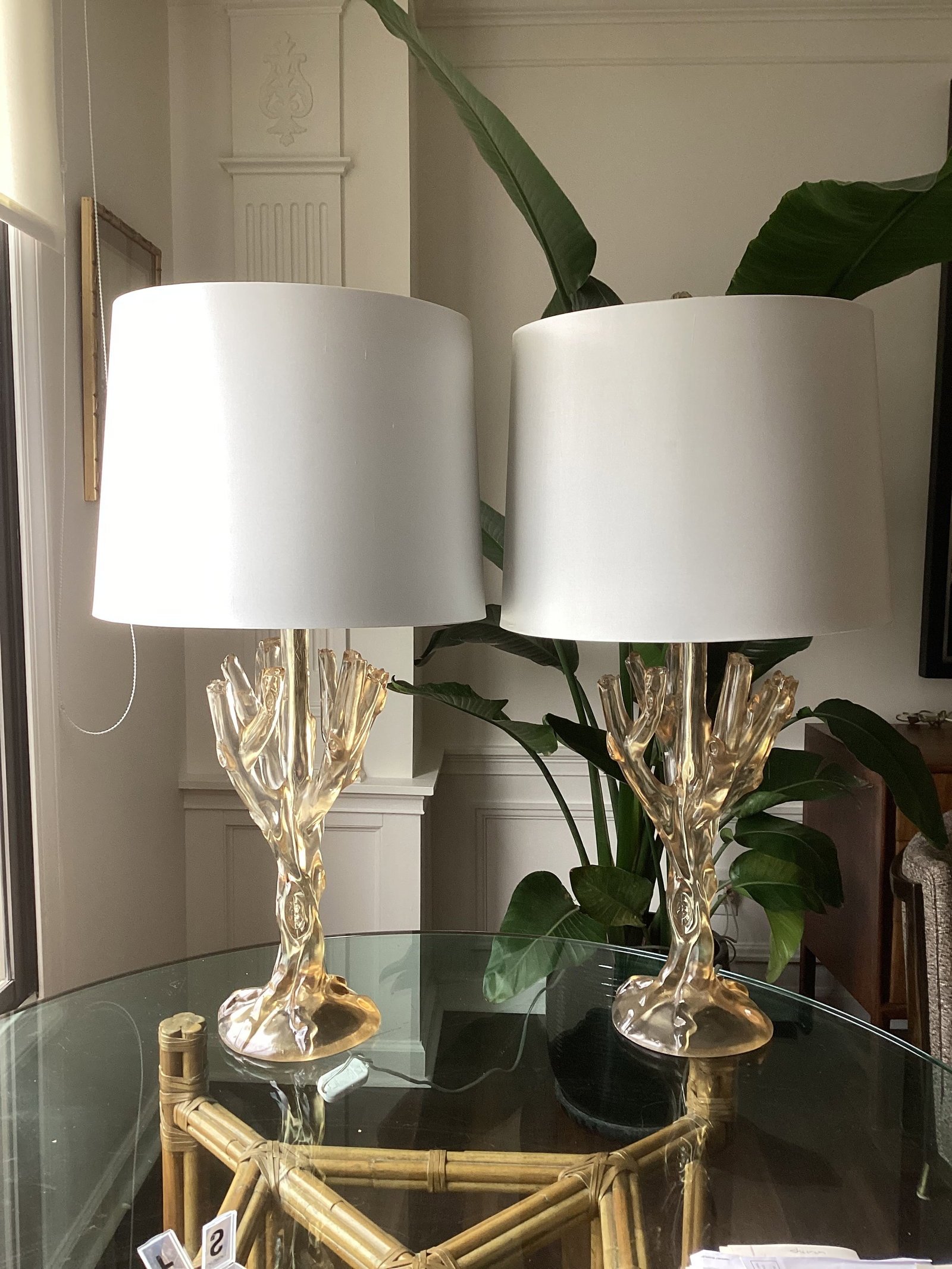 Late 20th Century Smoked Lucite Faux Bois Lamps With Silk Drum Shades - a Pair - 7