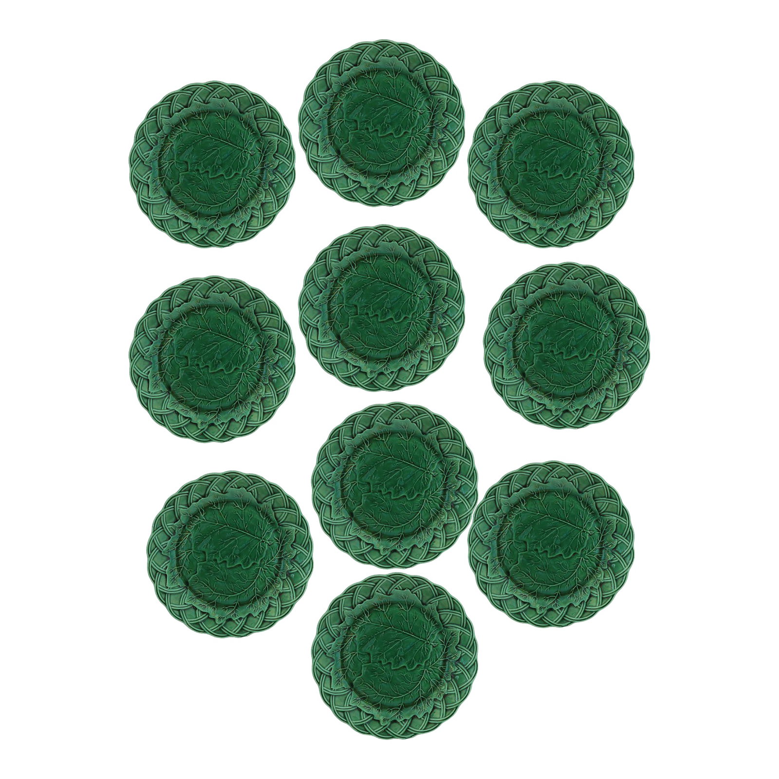 Antique English Green Majolica Plates, Set of 10: Late 19th century English majolica plates in an elegant leaf and basketweave pattern, offered as a rare set of ten. Richly glazed in deep emerald green, the molded design combines layered leafy forms